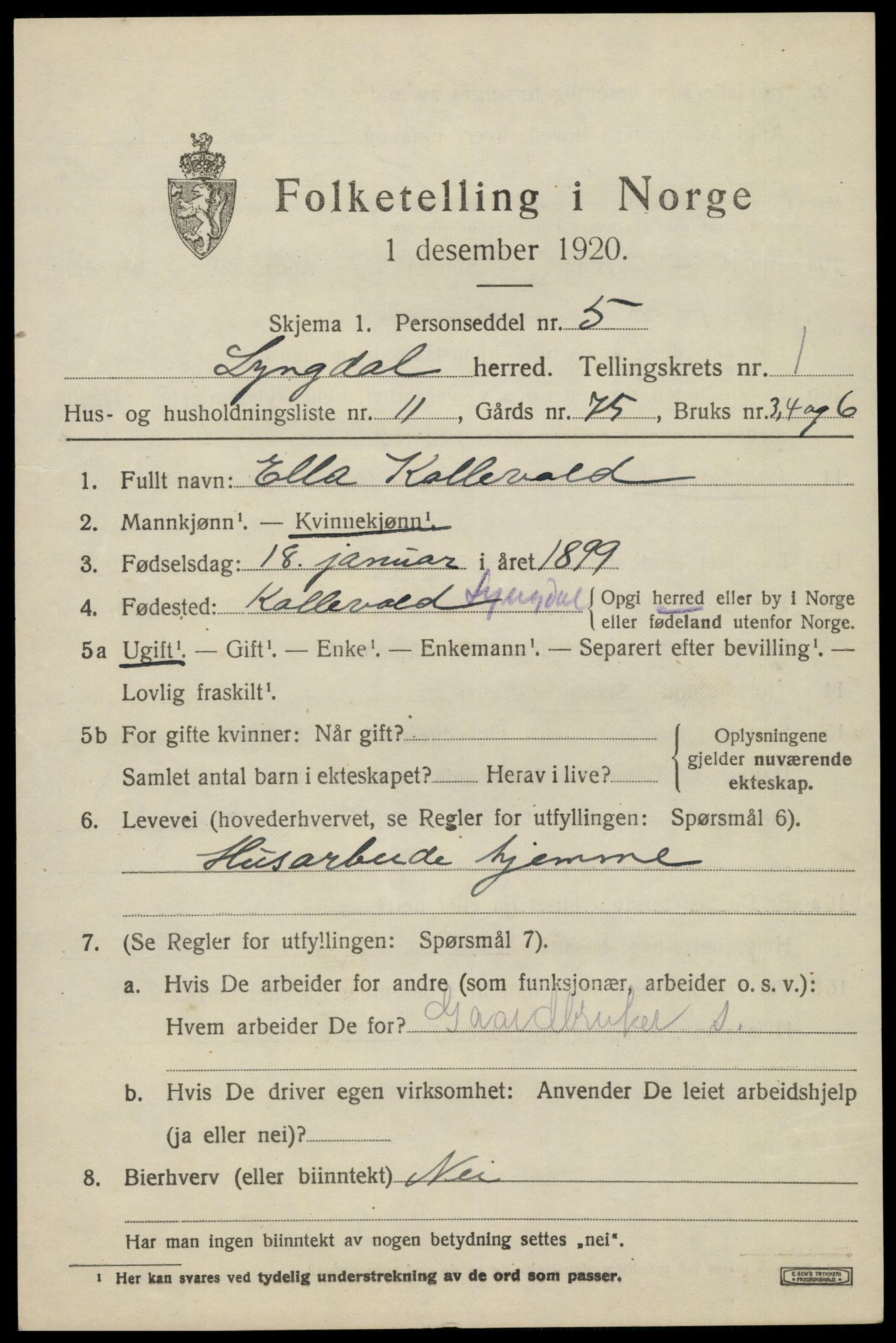 SAK, Folketelling 1920 for 1032 Lyngdal herred, 1920, s. 1447