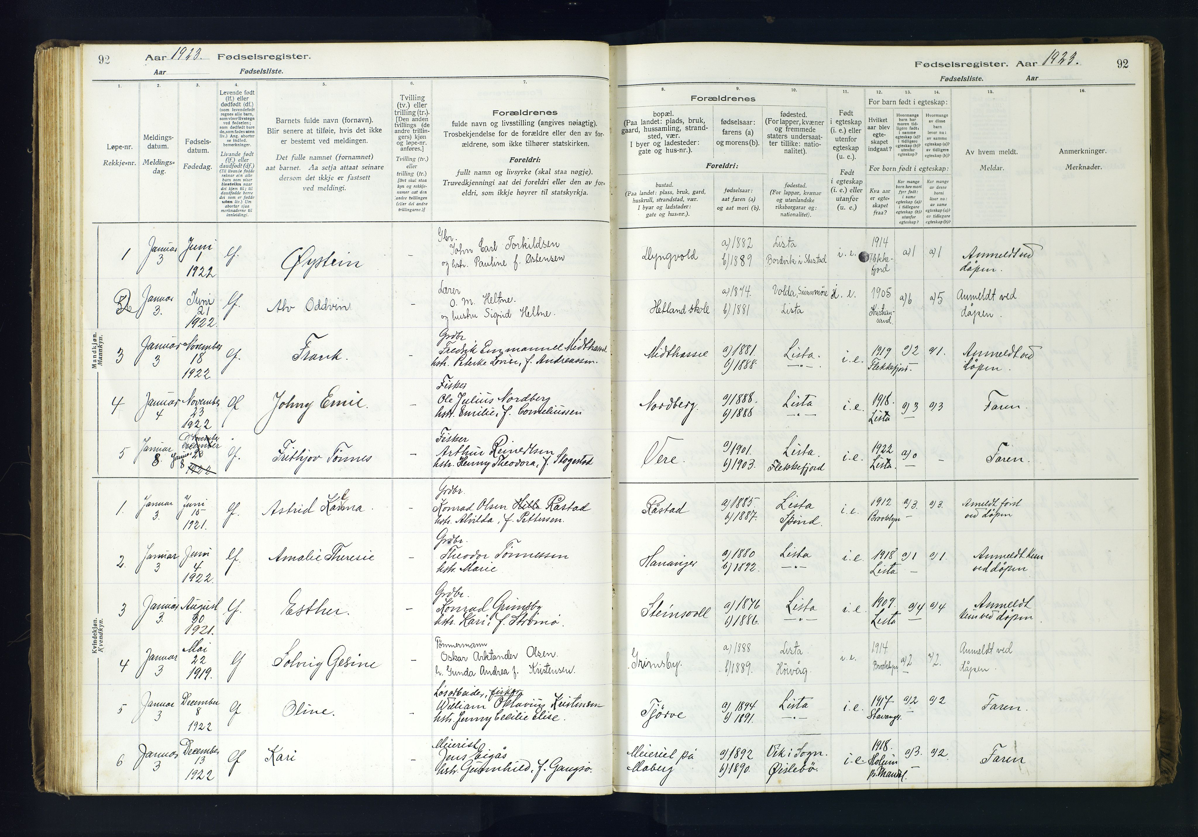 Lista sokneprestkontor, SAK/1111-0027/J/Ja/L0001: Fødselsregister nr. A-VI-30, 1916-1934, s. 92