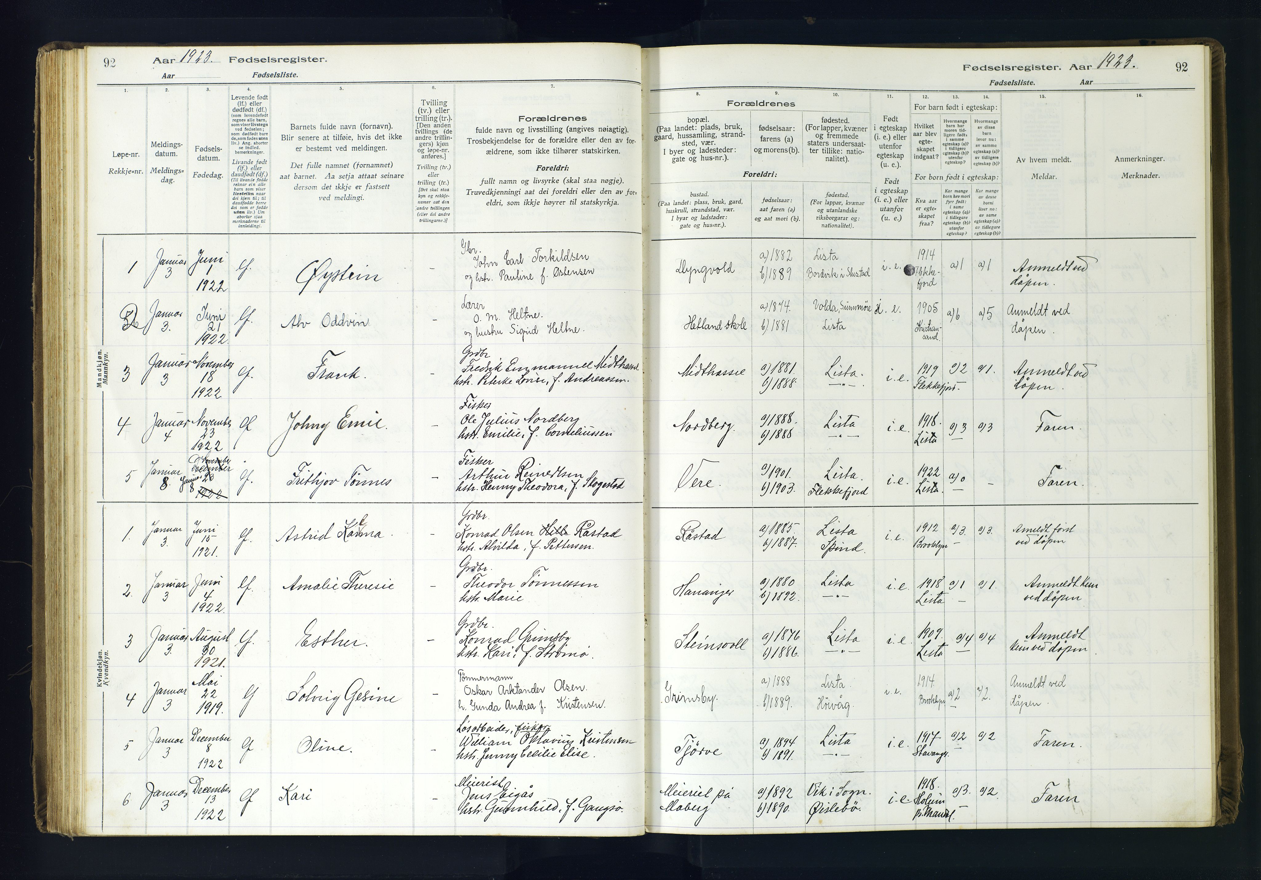 Lista sokneprestkontor, AV/SAK-1111-0027/J/Ja/L0001: Fødselsregister nr. A-VI-30, 1916-1934, s. 92