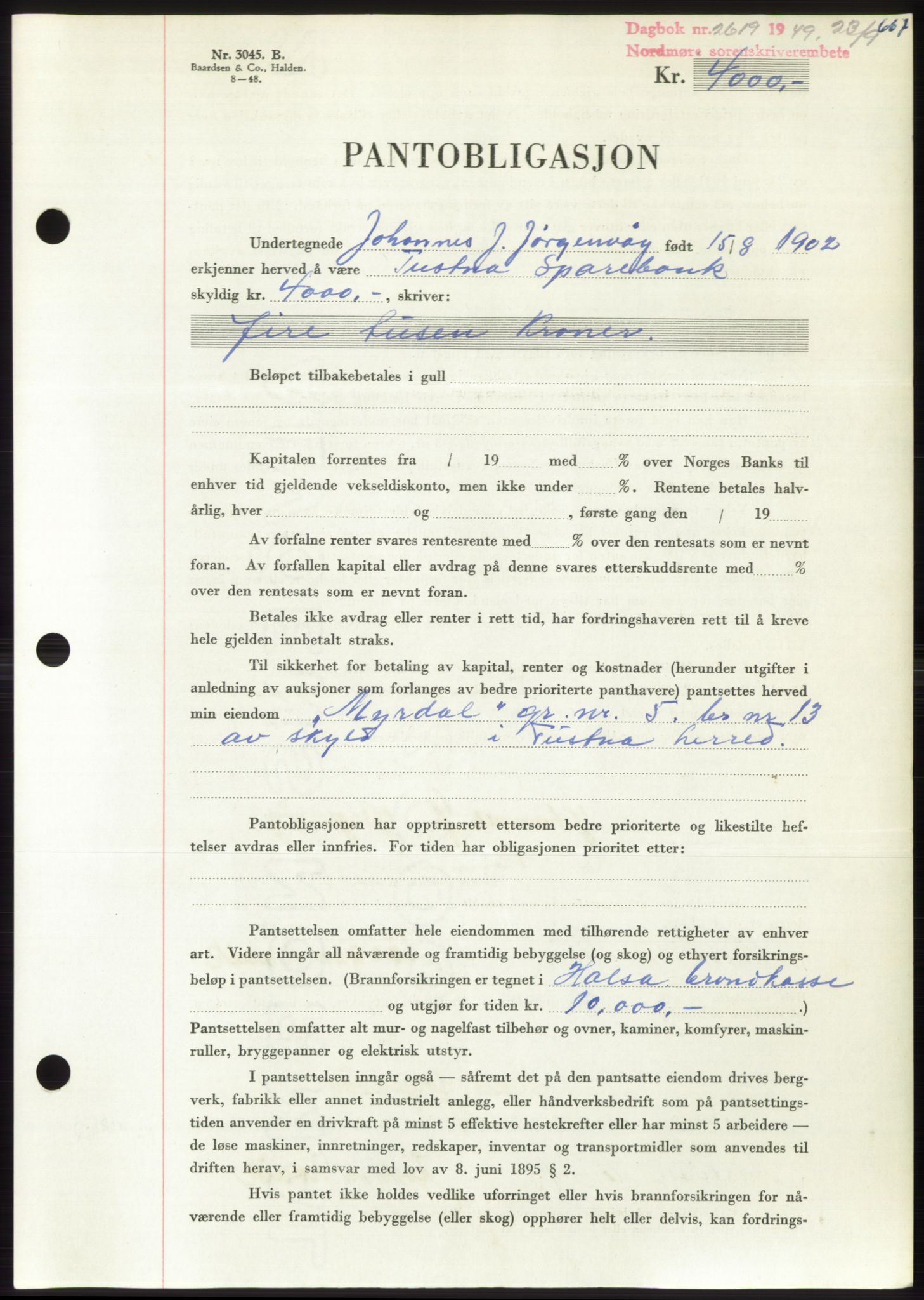 Nordmøre sorenskriveri, AV/SAT-A-4132/1/2/2Ca: Pantebok nr. B102, 1949-1949, Dagboknr: 2619/1949