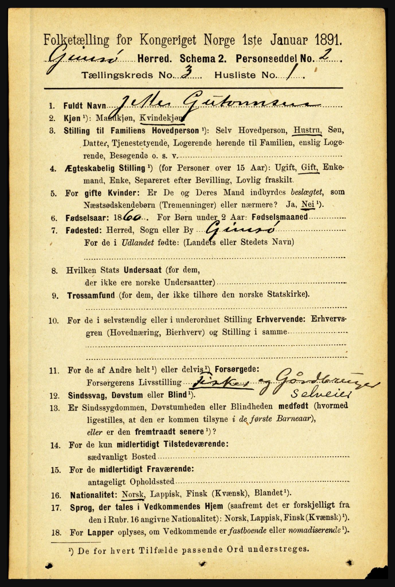 RA, Folketelling 1891 for 1864 Gimsøy herred, 1891, s. 493