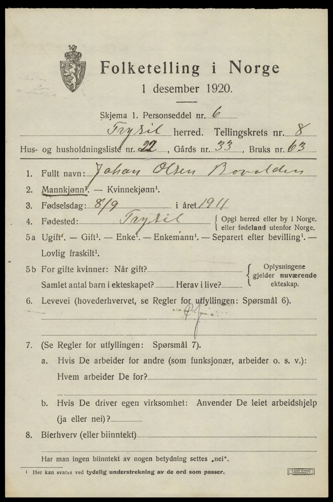 SAH, Folketelling 1920 for 0428 Trysil herred, 1920, s. 6507