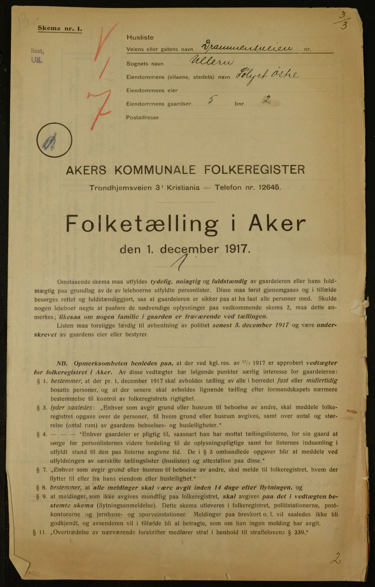 OBA, Kommunal folketelling 1.12.1917 for Aker, 1917, s. 3012