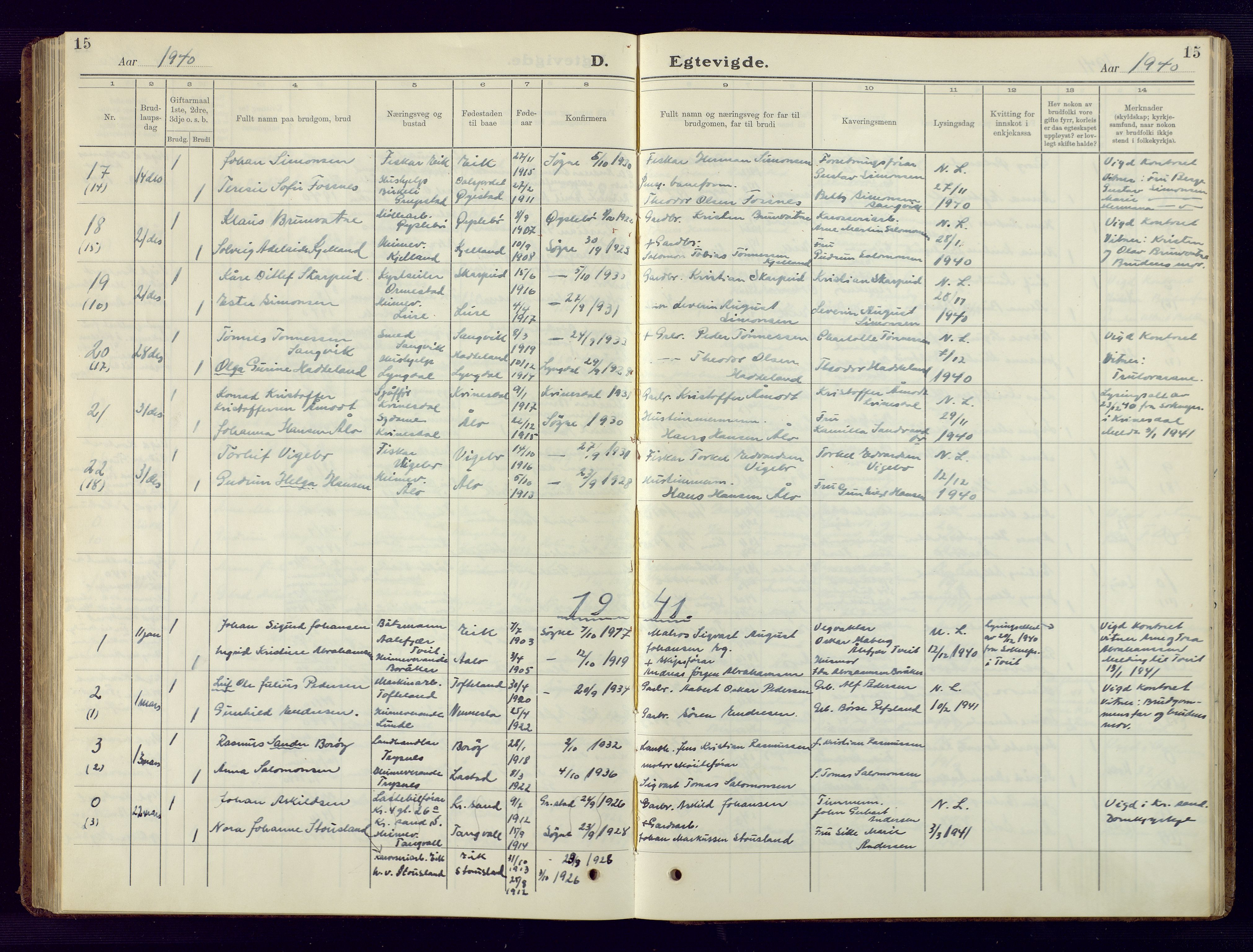 Søgne sokneprestkontor, AV/SAK-1111-0037/F/Fb/Fbb/L0008: Klokkerbok nr. B 8, 1932-1949, s. 15