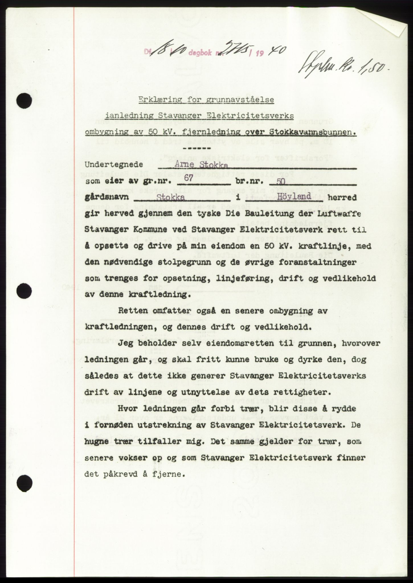 Jæren sorenskriveri, SAST/A-100310/03/G/Gba/L0078: Pantebok, 1940-1940, Dagboknr: 2715/1940
