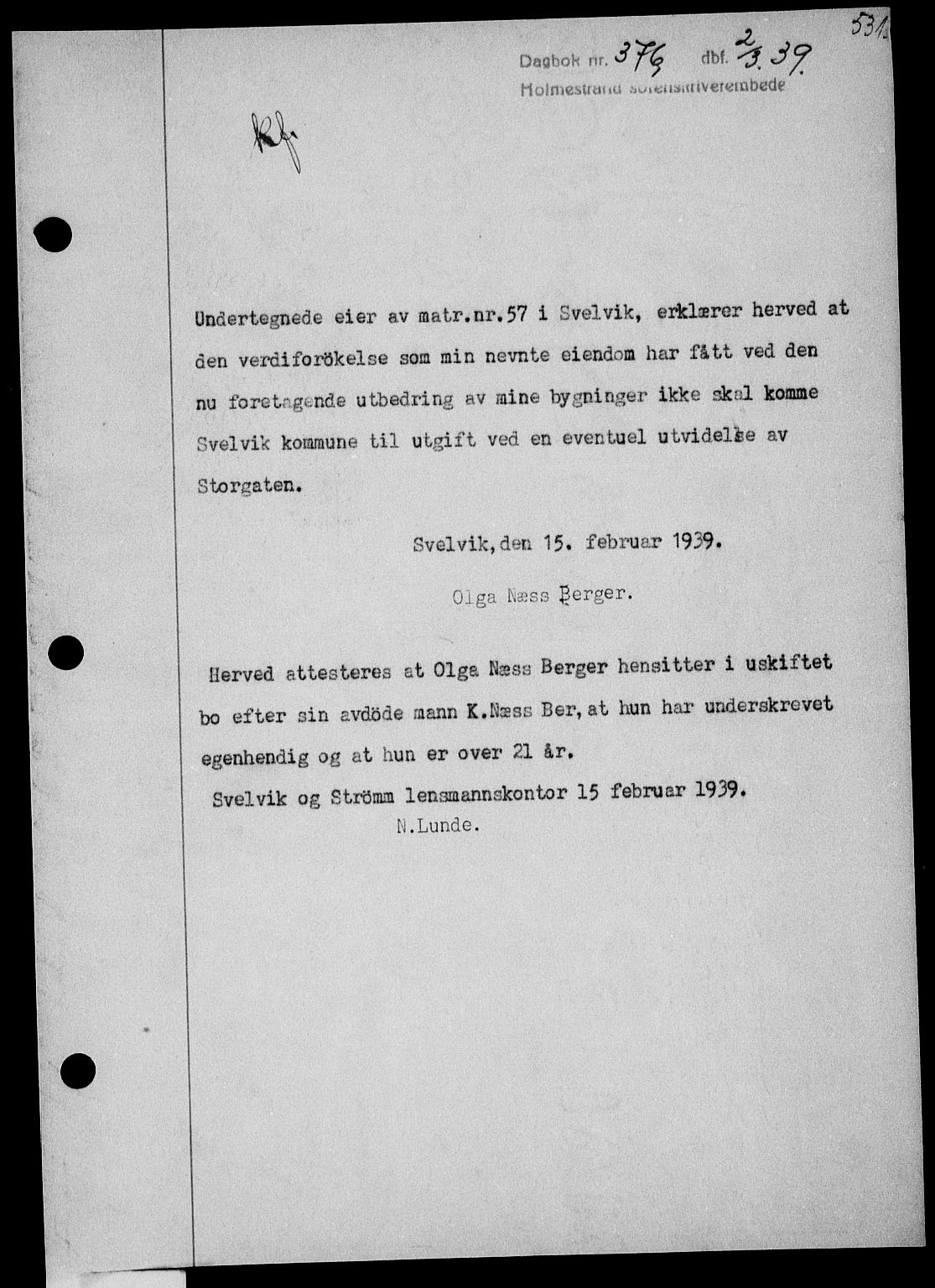 Holmestrand sorenskriveri, SAKO/A-67/G/Ga/Gaa/L0050: Pantebok nr. A-50, 1938-1939, Dagboknr: 376/1939