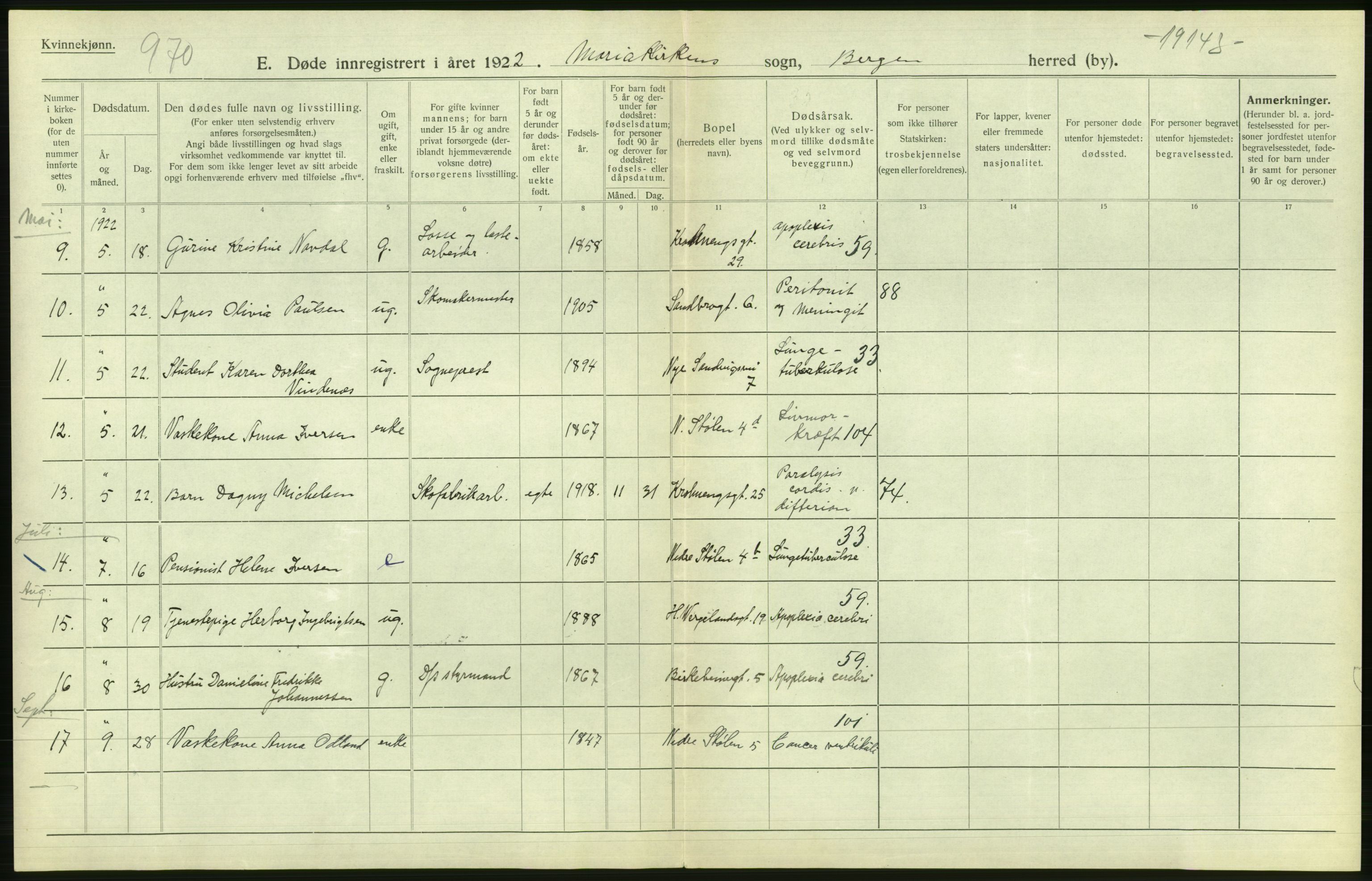 Statistisk sentralbyrå, Sosiodemografiske emner, Befolkning, AV/RA-S-2228/D/Df/Dfc/Dfcb/L0030: Bergen: Gifte, døde, dødfødte., 1922, s. 576