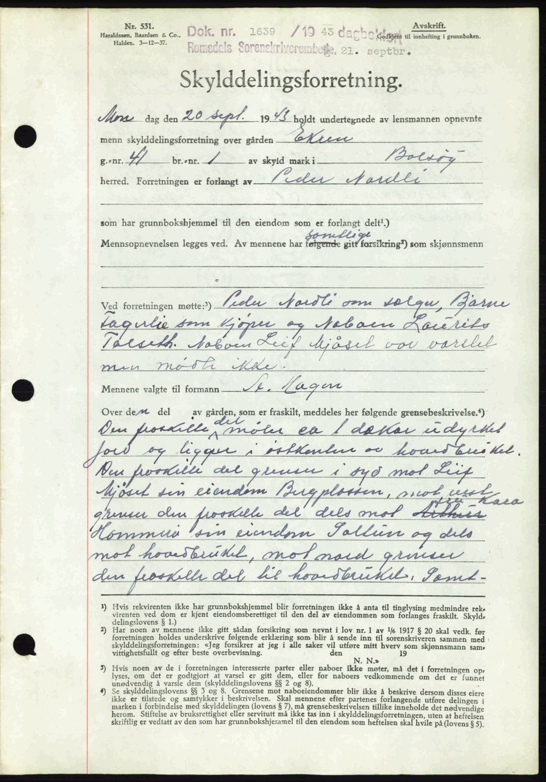 Romsdal sorenskriveri, AV/SAT-A-4149/1/2/2C: Pantebok nr. A14, 1943-1943, Dagboknr: 1639/1943