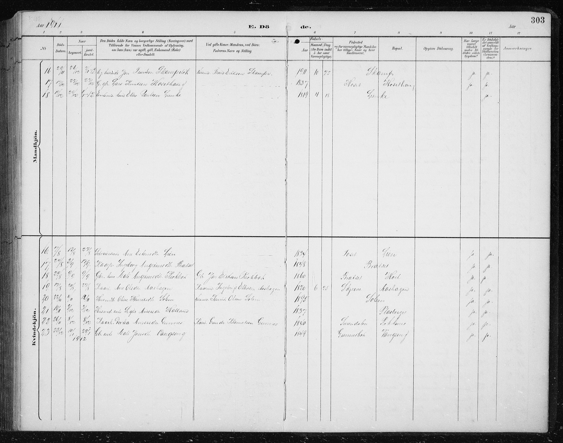 Ministerialprotokoller, klokkerbøker og fødselsregistre - Sør-Trøndelag, SAT/A-1456/674/L0876: Klokkerbok nr. 674C03, 1892-1912, s. 303