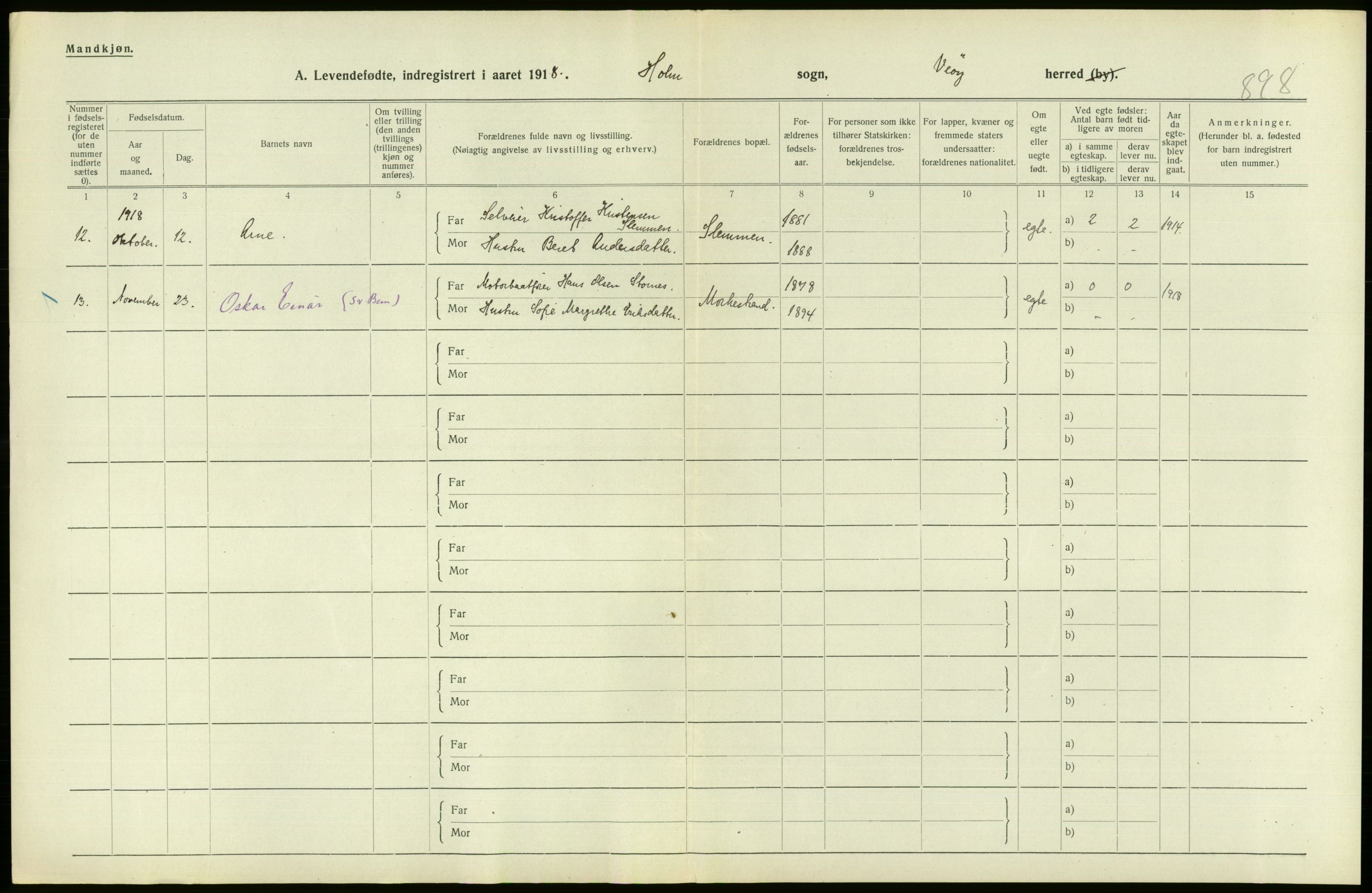 Statistisk sentralbyrå, Sosiodemografiske emner, Befolkning, RA/S-2228/D/Df/Dfb/Dfbh/L0043: Møre fylke: Levendefødte menn og kvinner. Bygder., 1918, s. 694