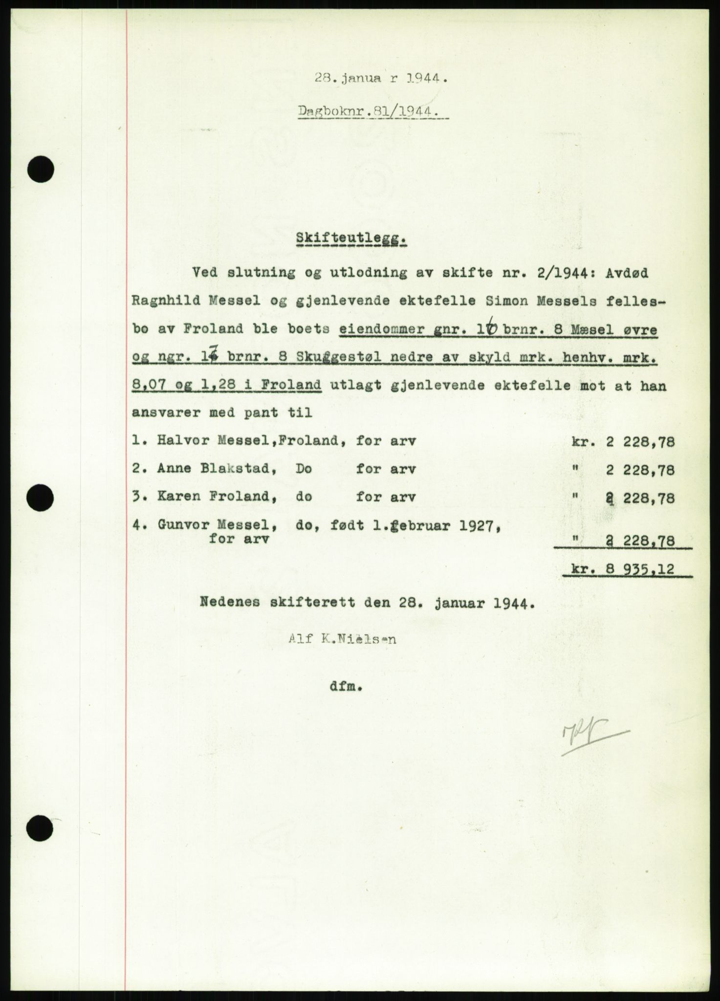 Nedenes sorenskriveri, SAK/1221-0006/G/Gb/Gbb/L0002: Pantebok nr. II, 1942-1945, Dagboknr: 81/1944