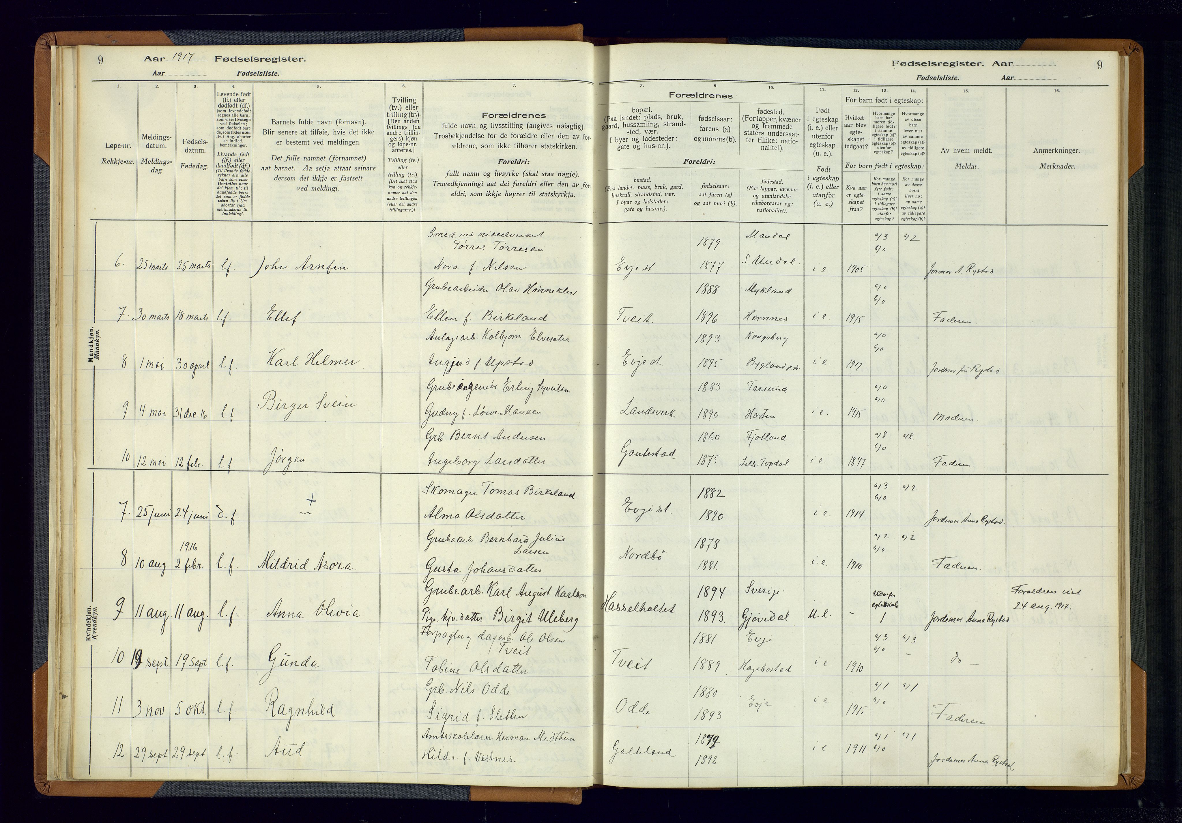 Evje sokneprestkontor, AV/SAK-1111-0008/J/Jc/L0004: Fødselsregister nr. 4, 1916-1968, s. 9