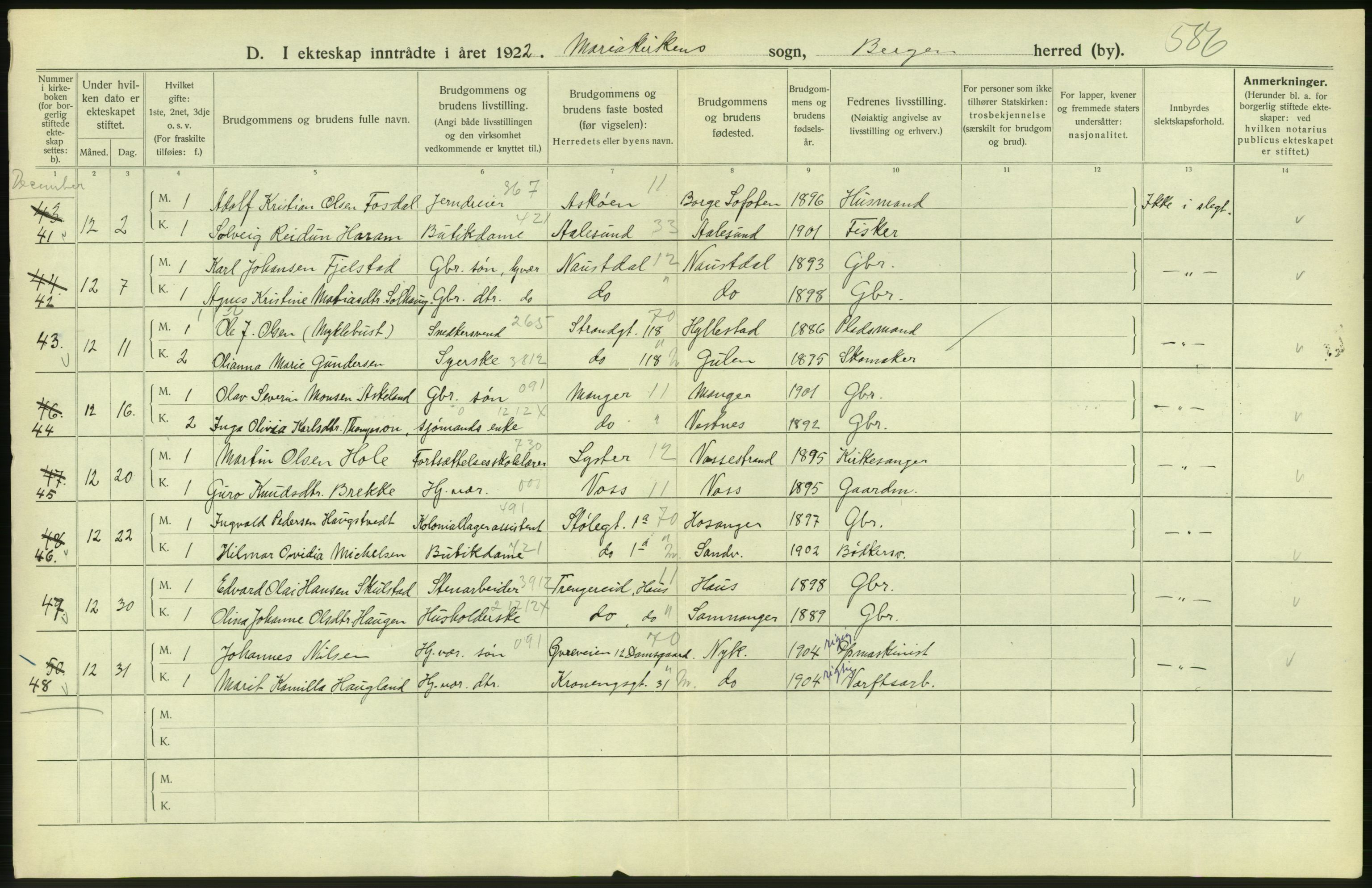 Statistisk sentralbyrå, Sosiodemografiske emner, Befolkning, AV/RA-S-2228/D/Df/Dfc/Dfcb/L0030: Bergen: Gifte, døde, dødfødte., 1922, s. 78