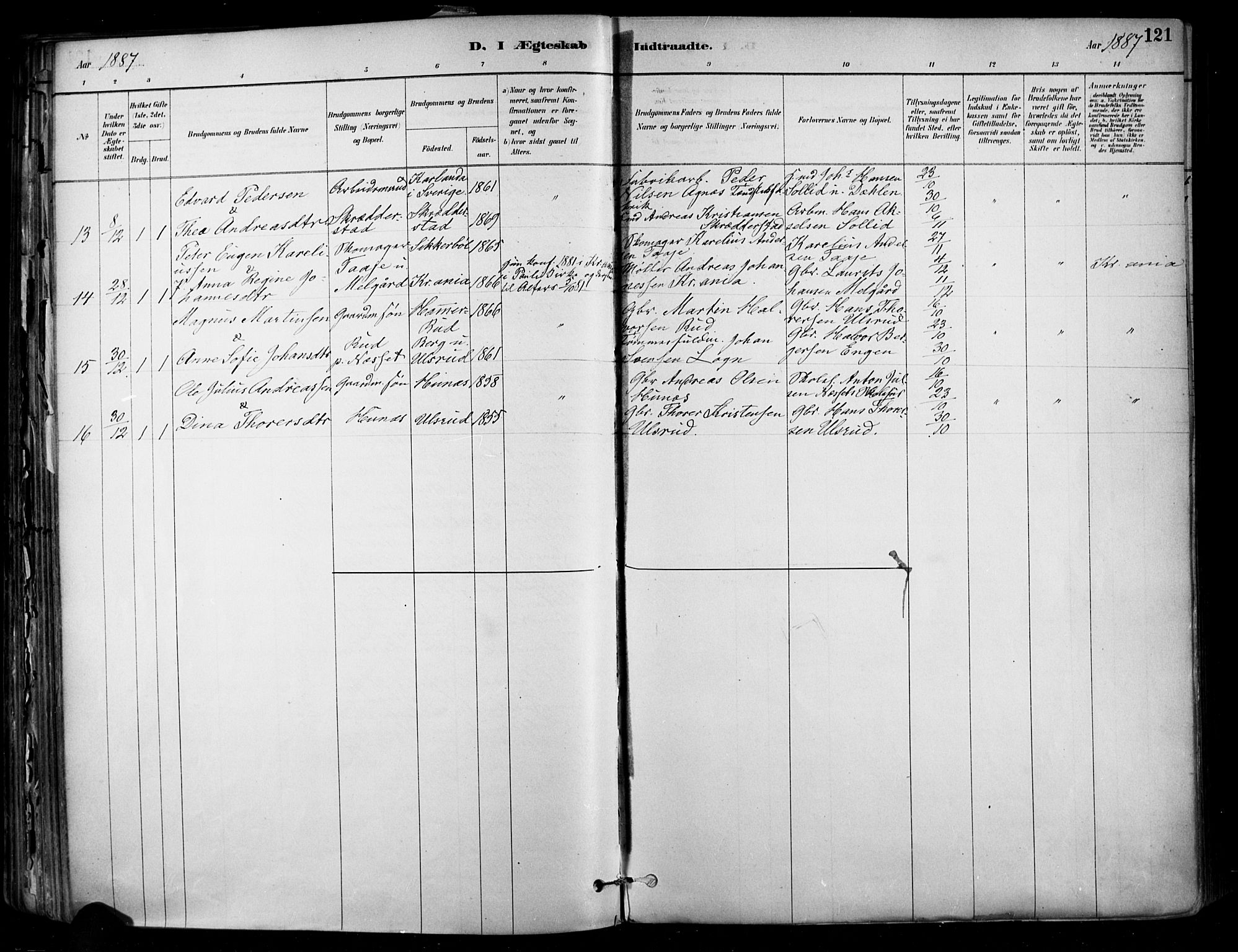 Enebakk prestekontor Kirkebøker, AV/SAO-A-10171c/F/Fa/L0016: Ministerialbok nr. I 16, 1883-1898, s. 121