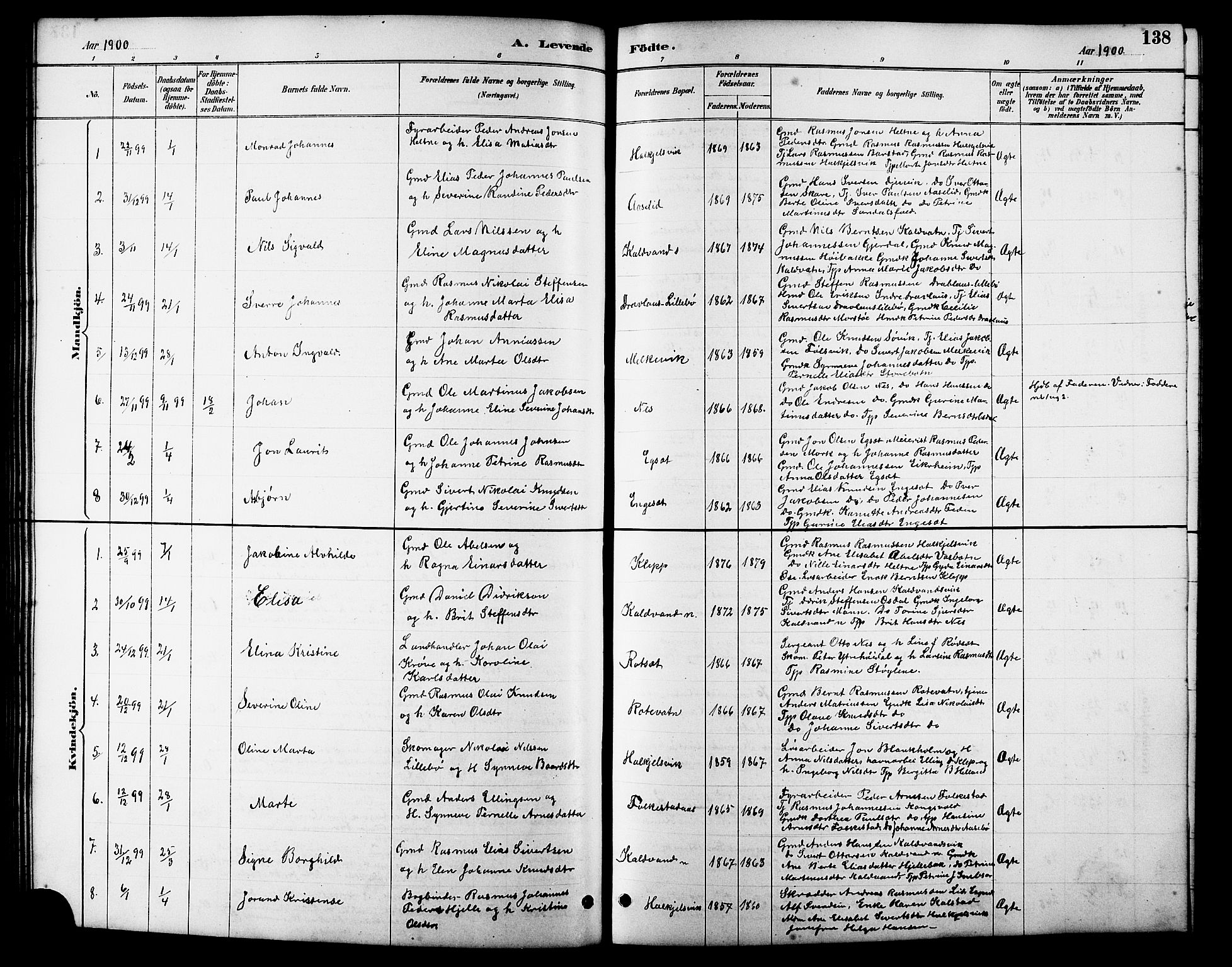 Ministerialprotokoller, klokkerbøker og fødselsregistre - Møre og Romsdal, AV/SAT-A-1454/511/L0158: Klokkerbok nr. 511C04, 1884-1903, s. 138