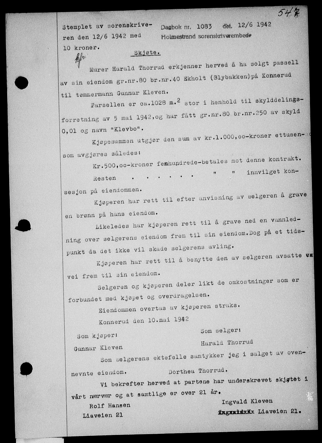 Holmestrand sorenskriveri, SAKO/A-67/G/Ga/Gaa/L0055: Pantebok nr. A-55, 1942-1942, Dagboknr: 1083/1942