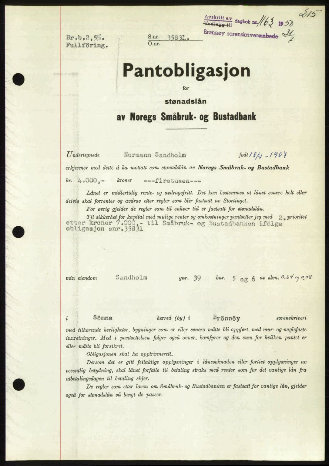 Brønnøy sorenskriveri, SAT/A-4170/1/2/2C: Pantebok nr. 36, 1950-1950, Dagboknr: 1163/1950