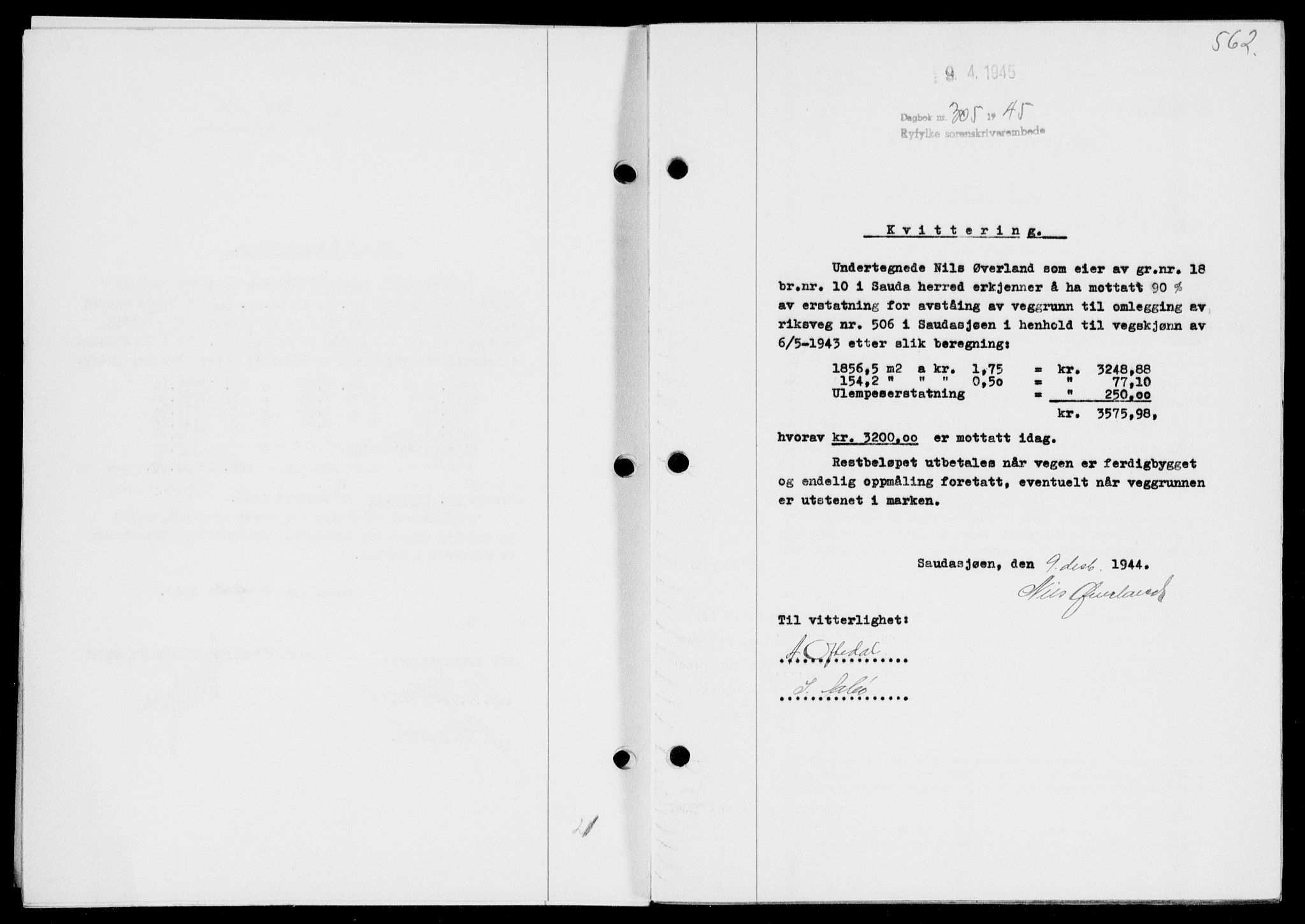 Ryfylke tingrett, SAST/A-100055/001/II/IIB/L0090: Pantebok nr. 69, 1943-1945, Dagboknr: 305/1945