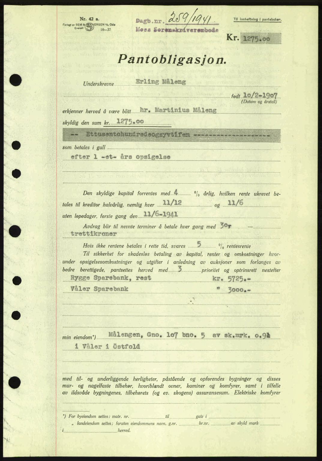 Moss sorenskriveri, SAO/A-10168: Pantebok nr. B10, 1940-1941, Dagboknr: 259/1941