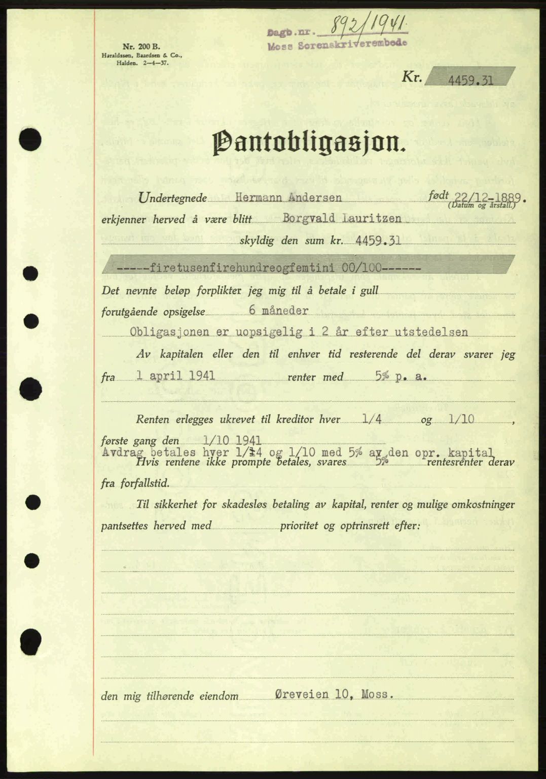Moss sorenskriveri, SAO/A-10168: Pantebok nr. B10, 1940-1941, Dagboknr: 892/1941