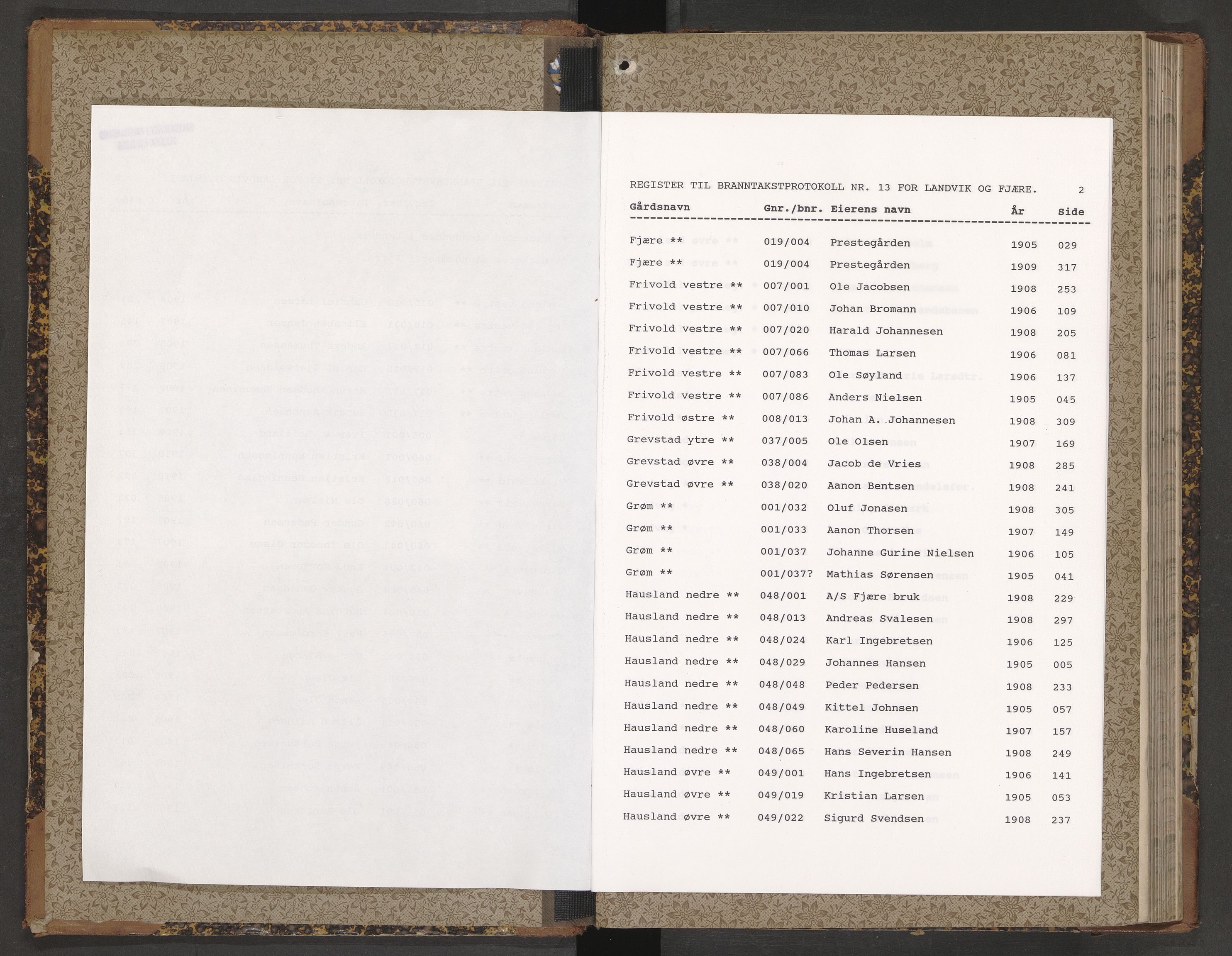 Norges Brannkasse Landvik og Fjære, AV/SAK-2241-0032/F/Fa/L0013: Branntakstprotokoll nr. 13, 1905-1910