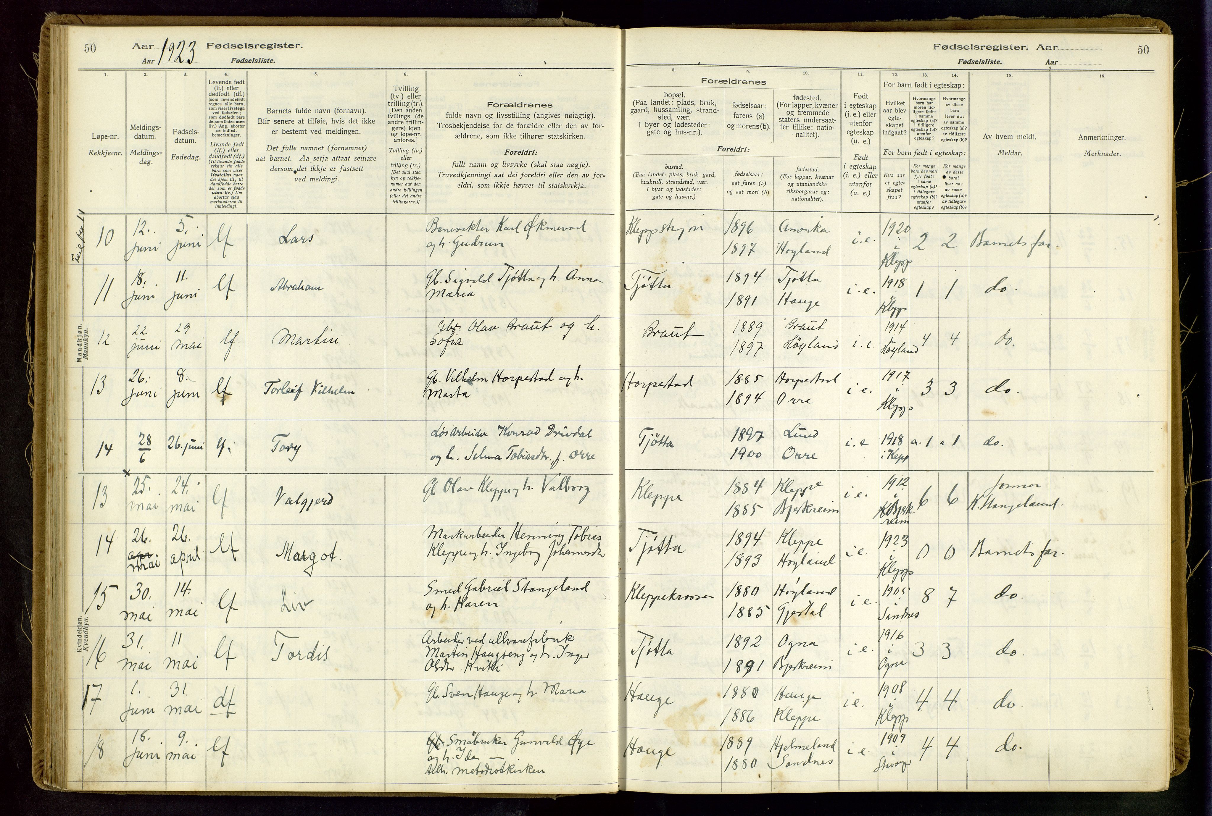 Klepp sokneprestkontor, AV/SAST-A-101803/001/704BAA/L0001: Fødselsregister nr. 1, 1916-1948, s. 50