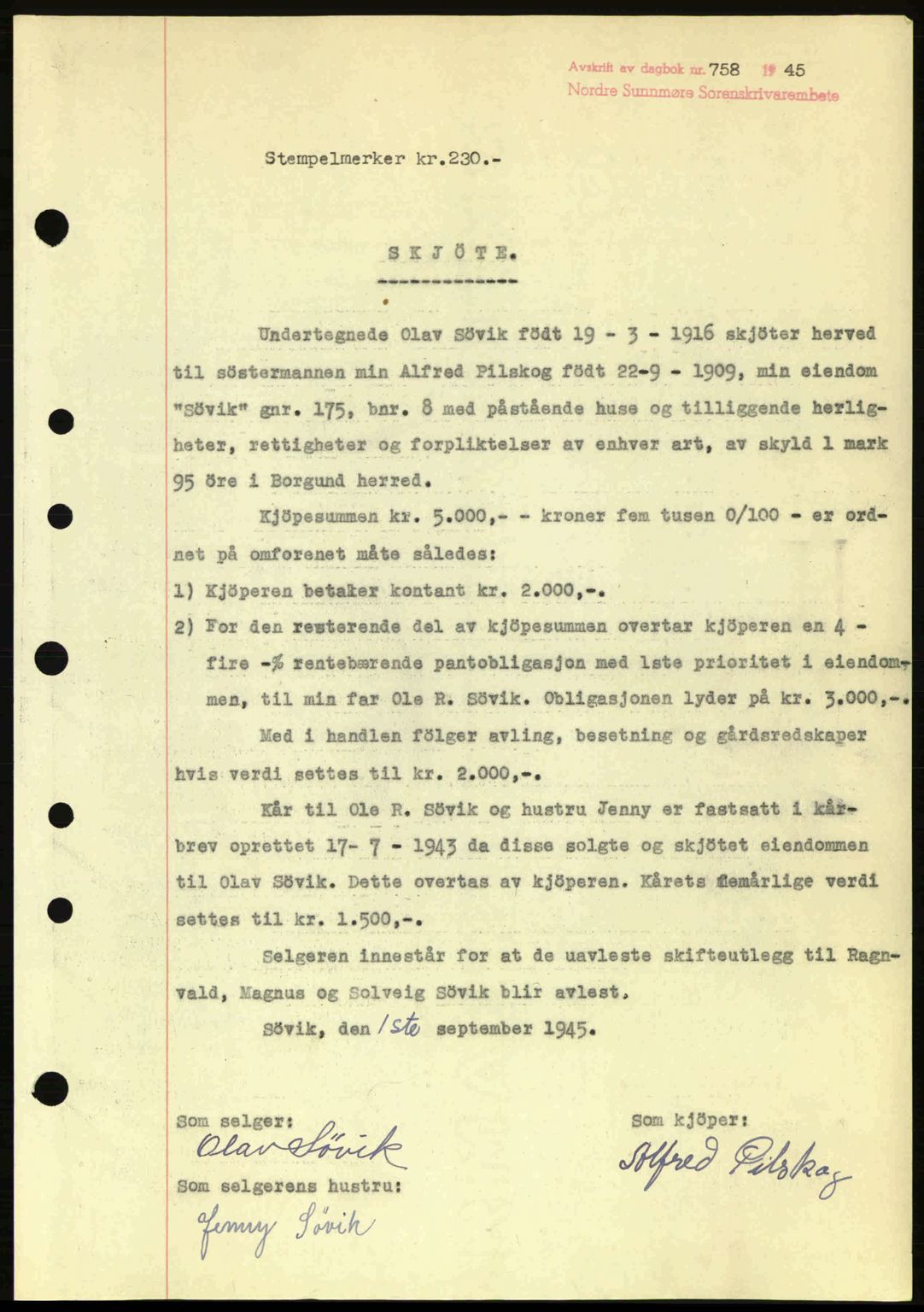 Nordre Sunnmøre sorenskriveri, SAT/A-0006/1/2/2C/2Ca: Pantebok nr. A20a, 1945-1945, Dagboknr: 758/1945
