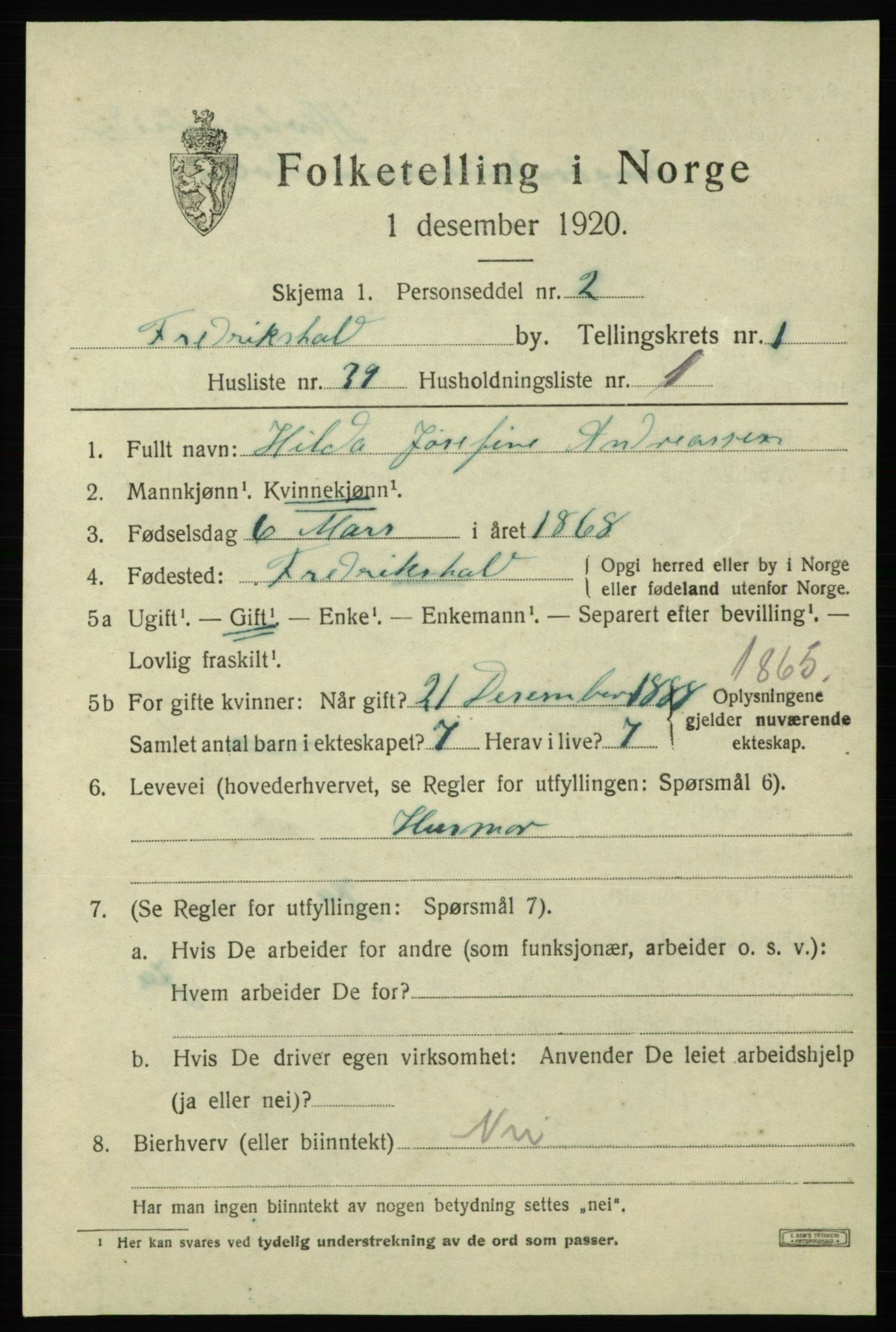 SAO, Folketelling 1920 for 0101 Fredrikshald kjøpstad, 1920, s. 8847