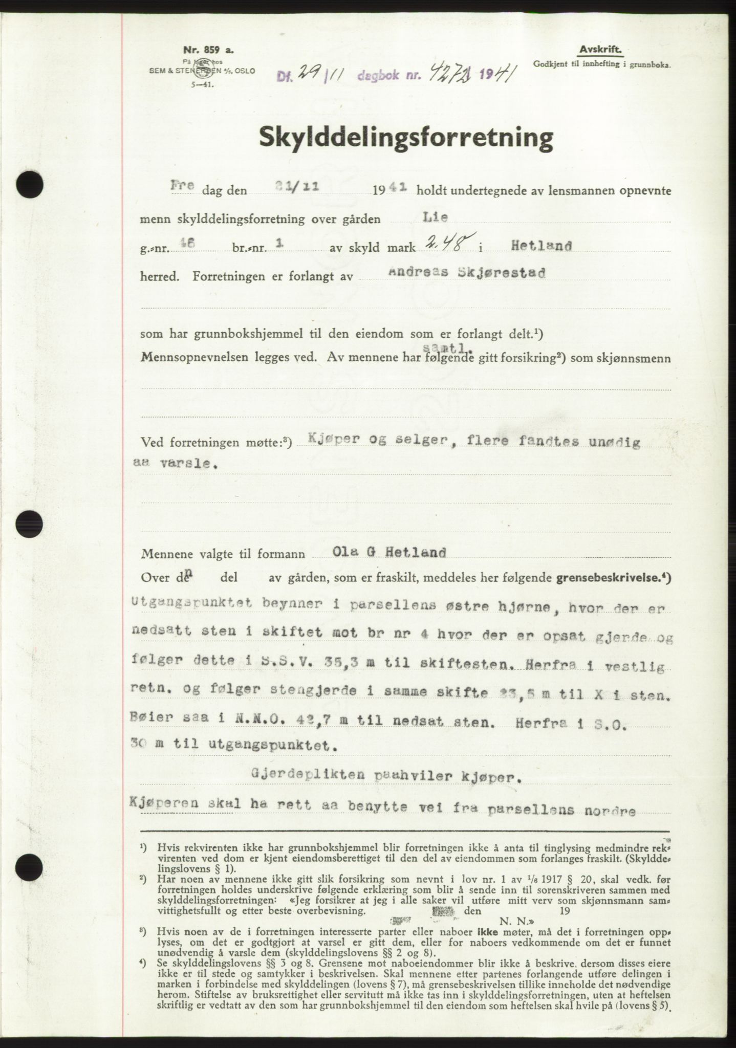 Jæren sorenskriveri, SAST/A-100310/03/G/Gba/L0081: Pantebok, 1941-1941, Dagboknr: 4272/1941