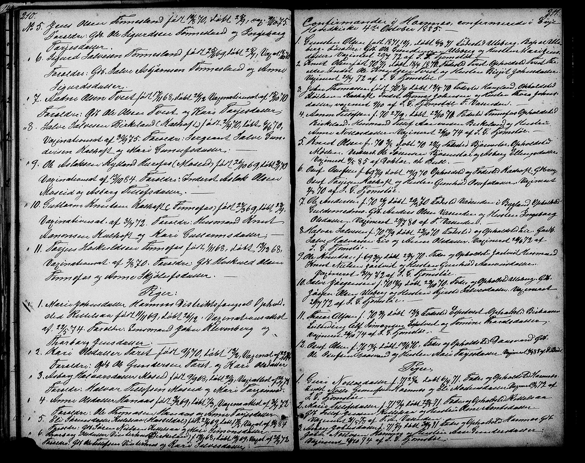 Evje sokneprestkontor, AV/SAK-1111-0008/F/Fb/Fbb/L0002: Klokkerbok nr. B 2, 1879-1909, s. 210-211