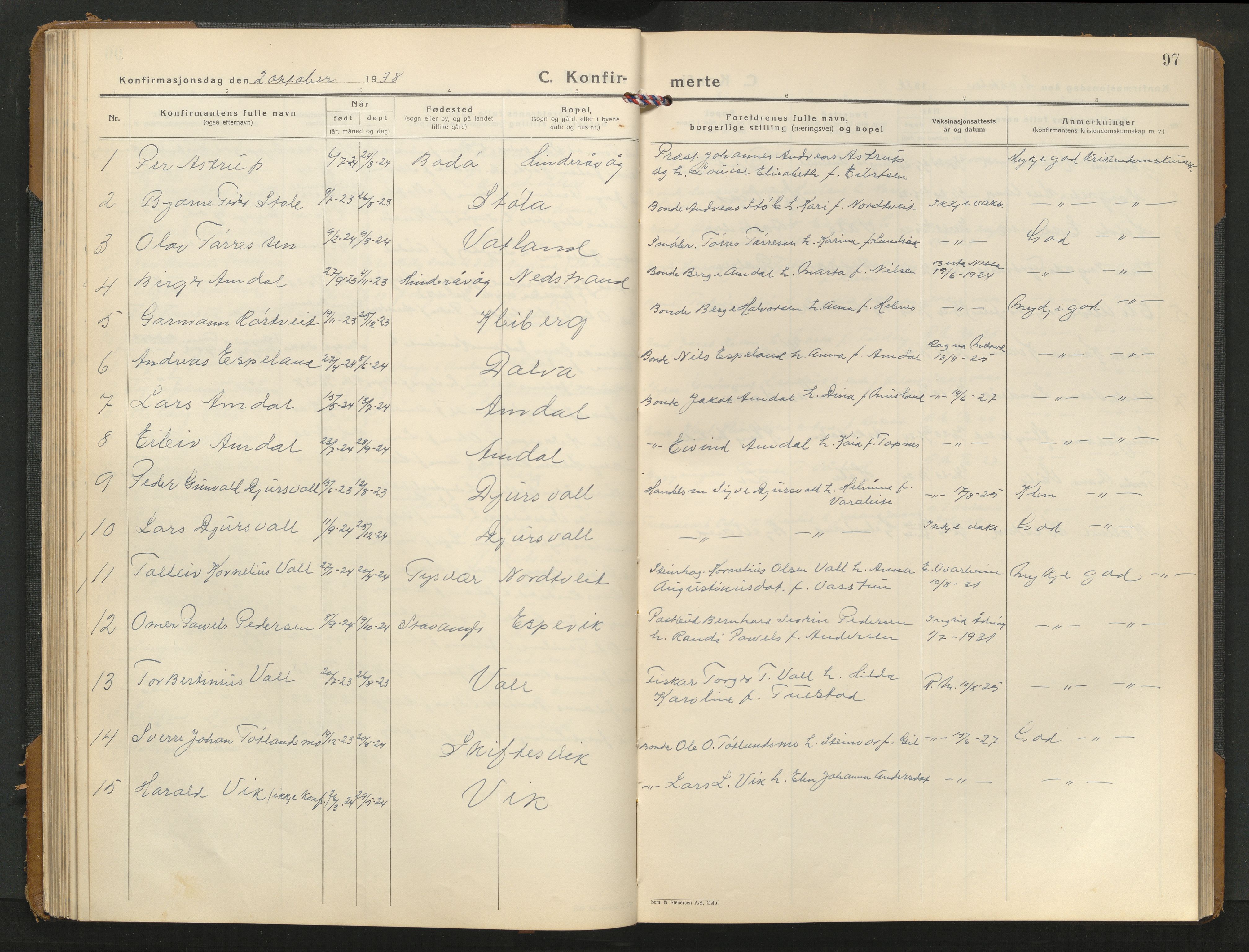 Nedstrand sokneprestkontor, AV/SAST-A-101841/01/V/L0004: Klokkerbok nr. B 4, 1933-1961, s. 97