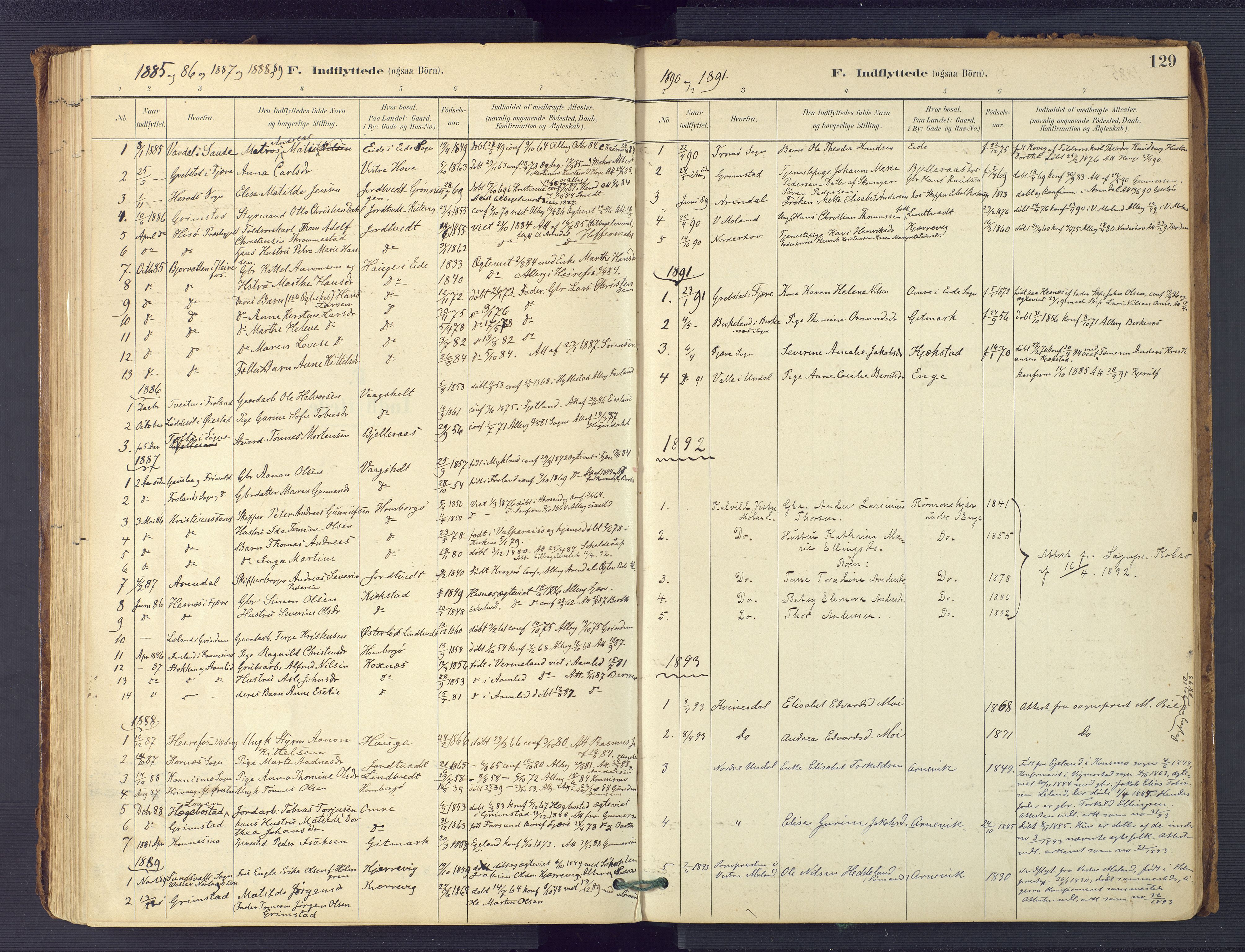Hommedal sokneprestkontor, AV/SAK-1111-0023/F/Fa/Faa/L0003: Ministerialbok nr. A 3, 1885-1916, s. 129