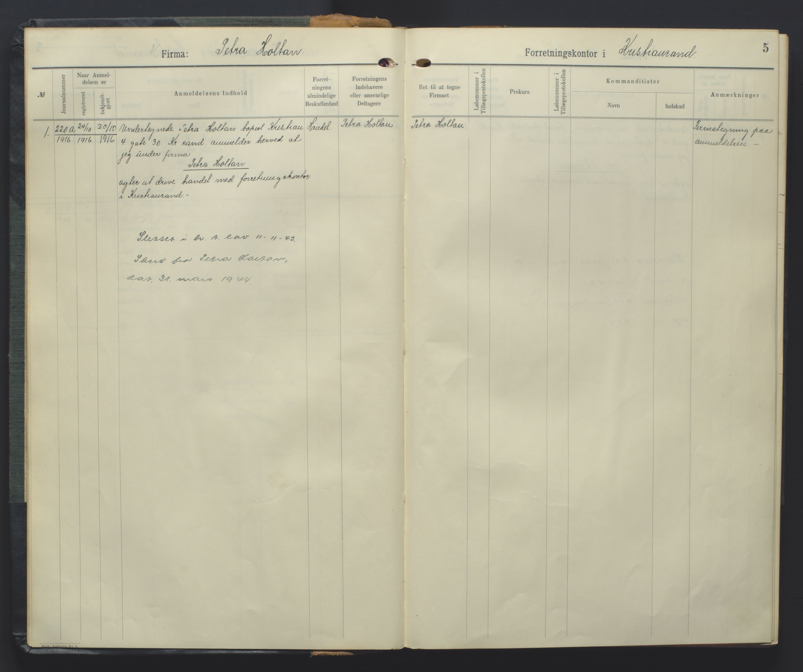 Kristiansand byrett, AV/SAK-1223-0001/K/Kb/L0005: Handelsregister A IV, 1916-1926, s. 5