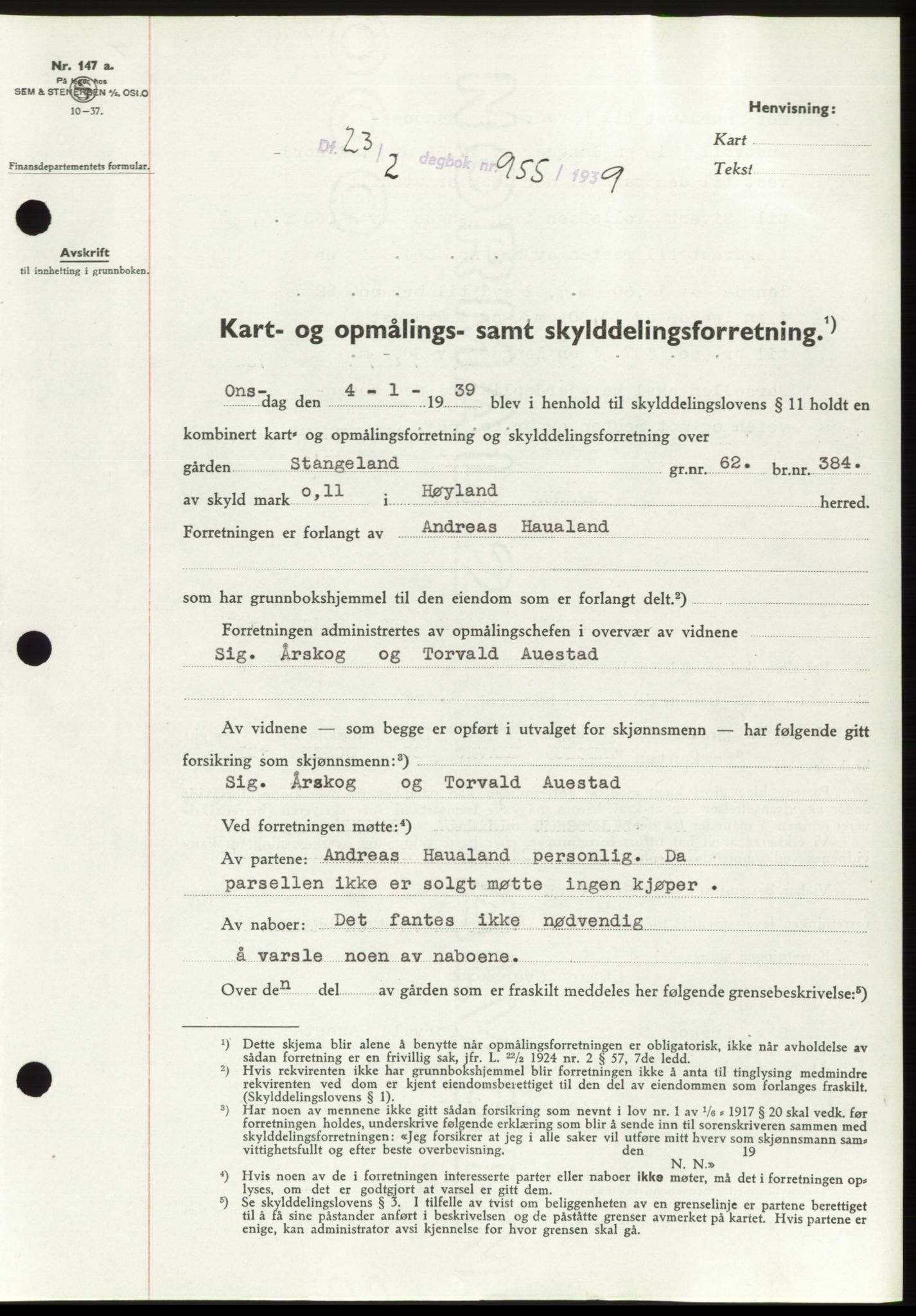 Jæren sorenskriveri, SAST/A-100310/03/G/Gba/L0073: Pantebok, 1939-1939, Dagboknr: 955/1939
