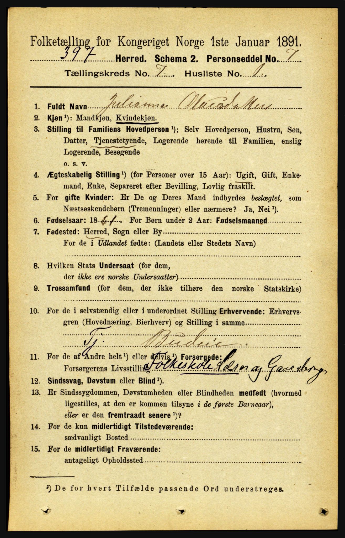 RA, Folketelling 1891 for 1721 Verdal herred, 1891, s. 3989