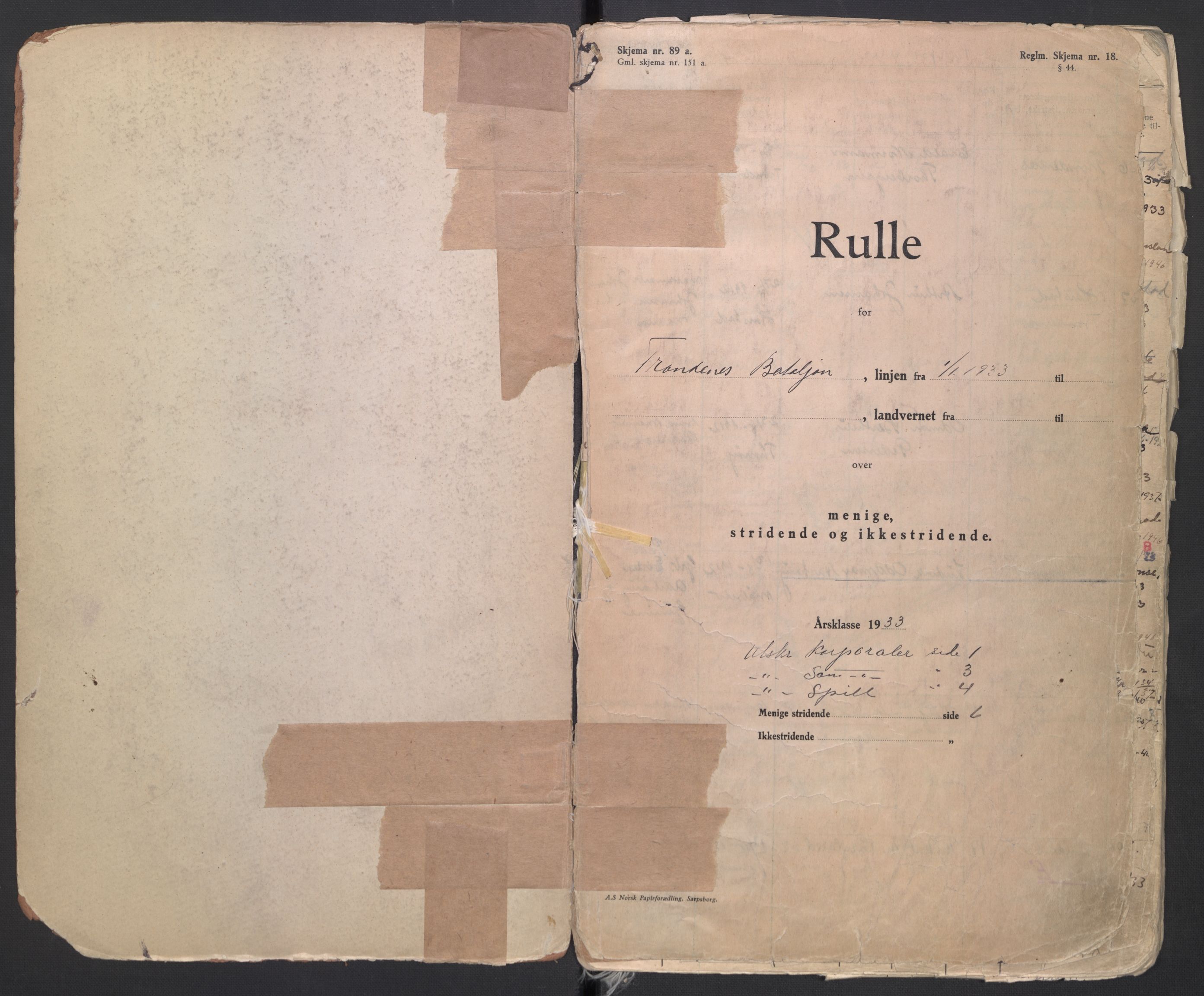 Forsvaret, Troms infanteriregiment nr. 16, AV/RA-RAFA-3146/P/Pa/L0006/0004: Ruller / Rulle for Trondenes bataljons menige mannskaper, årsklasse 1933, 1933