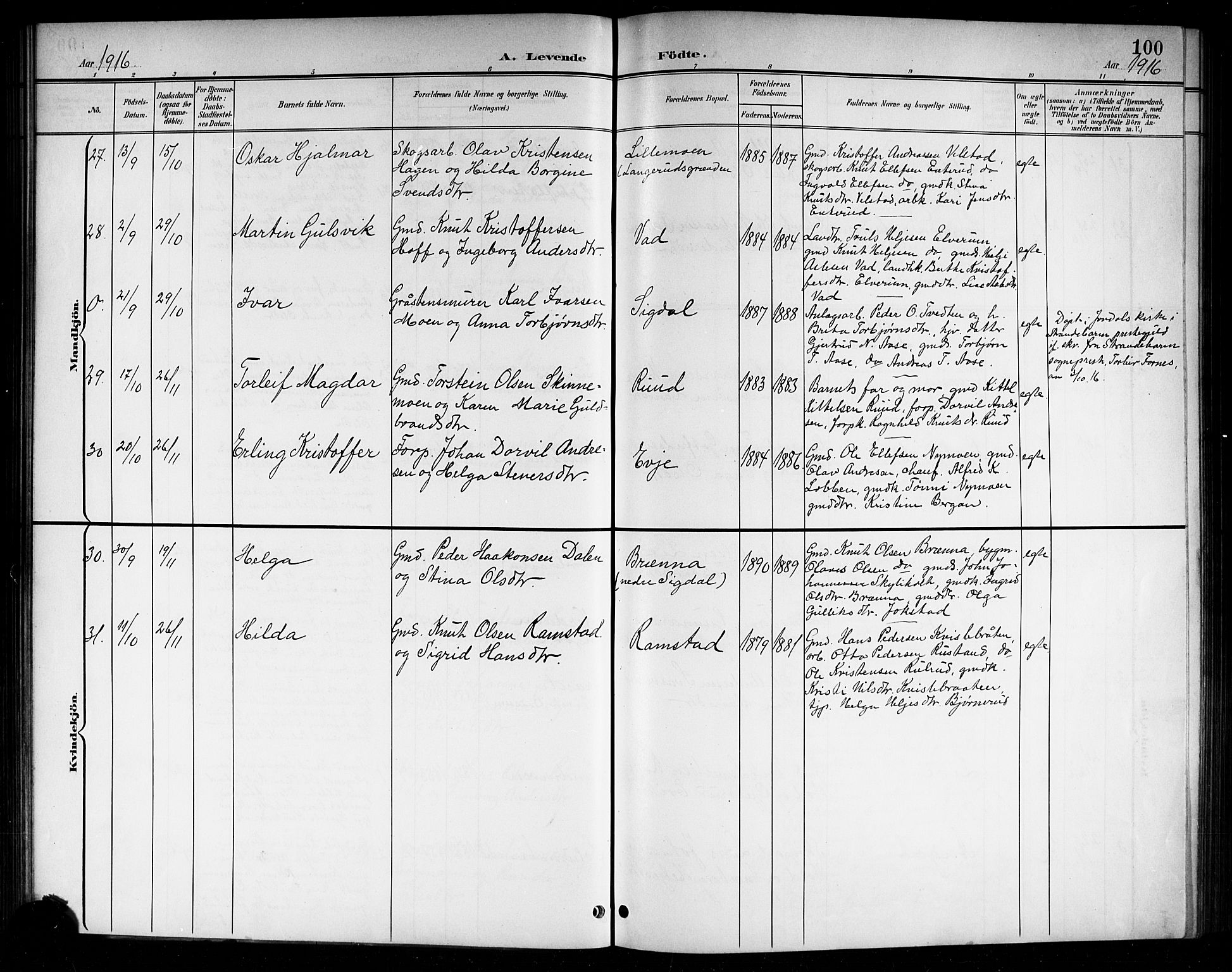 Sigdal kirkebøker, AV/SAKO-A-245/G/Ga/L0006: Klokkerbok nr. I 6, 1901-1916, s. 100