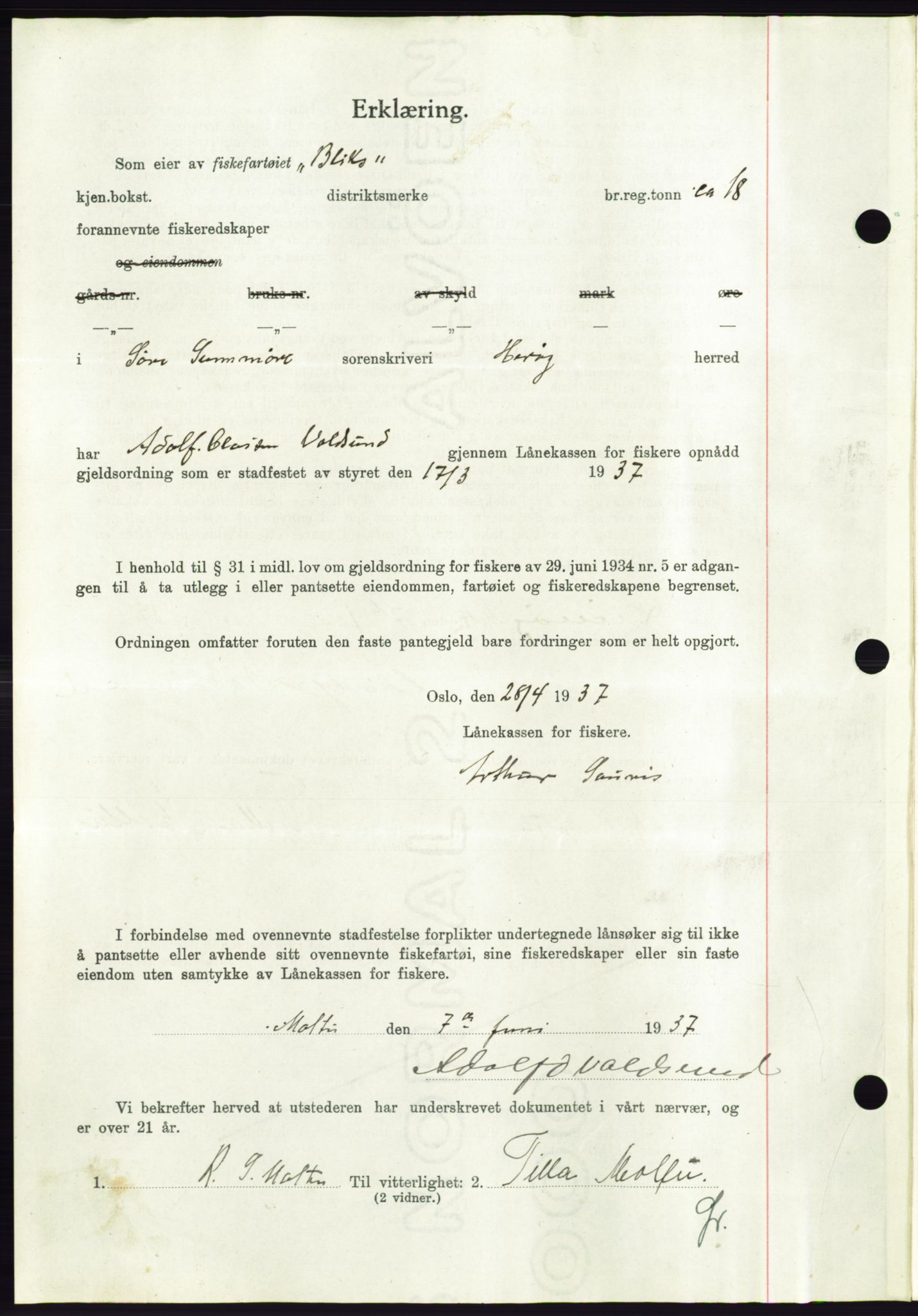 Søre Sunnmøre sorenskriveri, AV/SAT-A-4122/1/2/2C/L0063: Pantebok nr. 57, 1937-1937, Dagboknr: 1254/1937