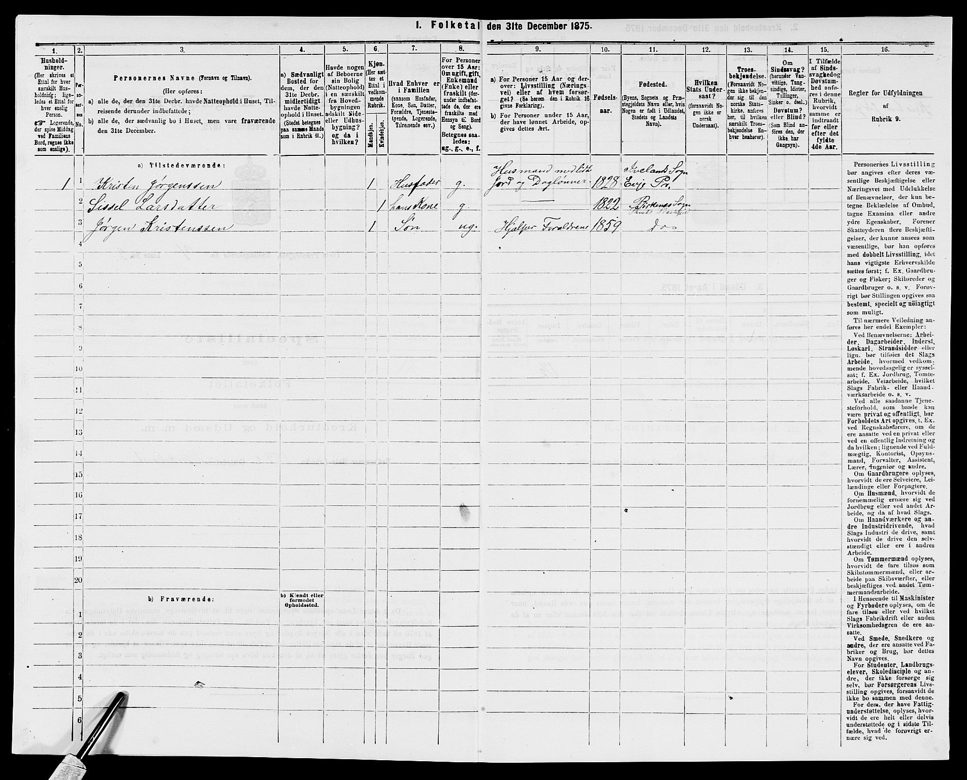 SAK, Folketelling 1875 for 1013P Tveit prestegjeld, 1875, s. 891