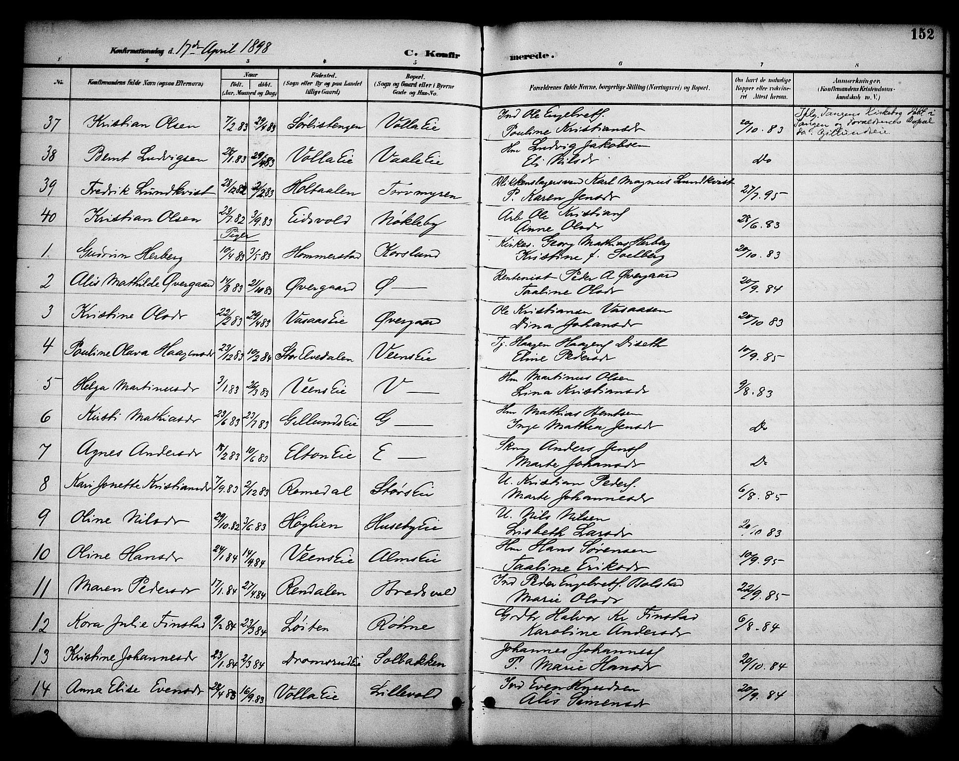Stange prestekontor, AV/SAH-PREST-002/K/L0020: Ministerialbok nr. 20, 1894-1905, s. 152