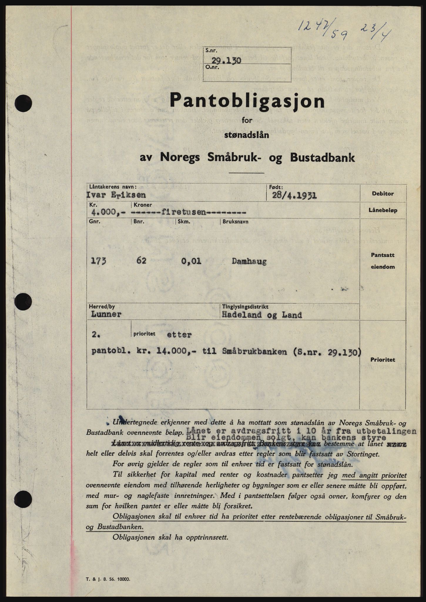 Hadeland og Land tingrett, SAH/TING-010/H/Hb/Hbc/L0040: Pantebok nr. B40, 1959-1959, Dagboknr: 1247/1959