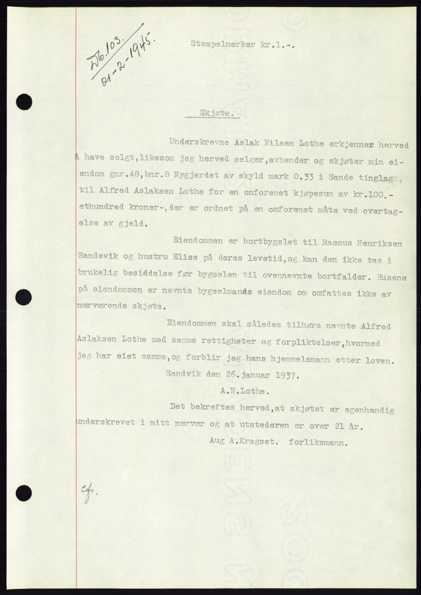 Søre Sunnmøre sorenskriveri, SAT/A-4122/1/2/2C/L0077: Pantebok nr. 3A, 1945-1946, Dagboknr: 103/1945