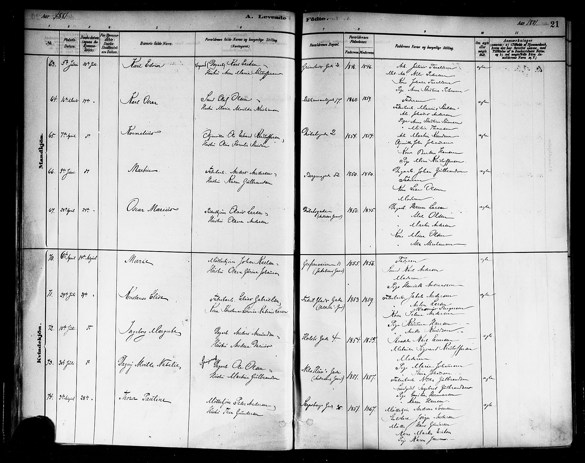 Sagene prestekontor Kirkebøker, AV/SAO-A-10796/F/L0001: Ministerialbok nr. 1, 1880-1893, s. 21