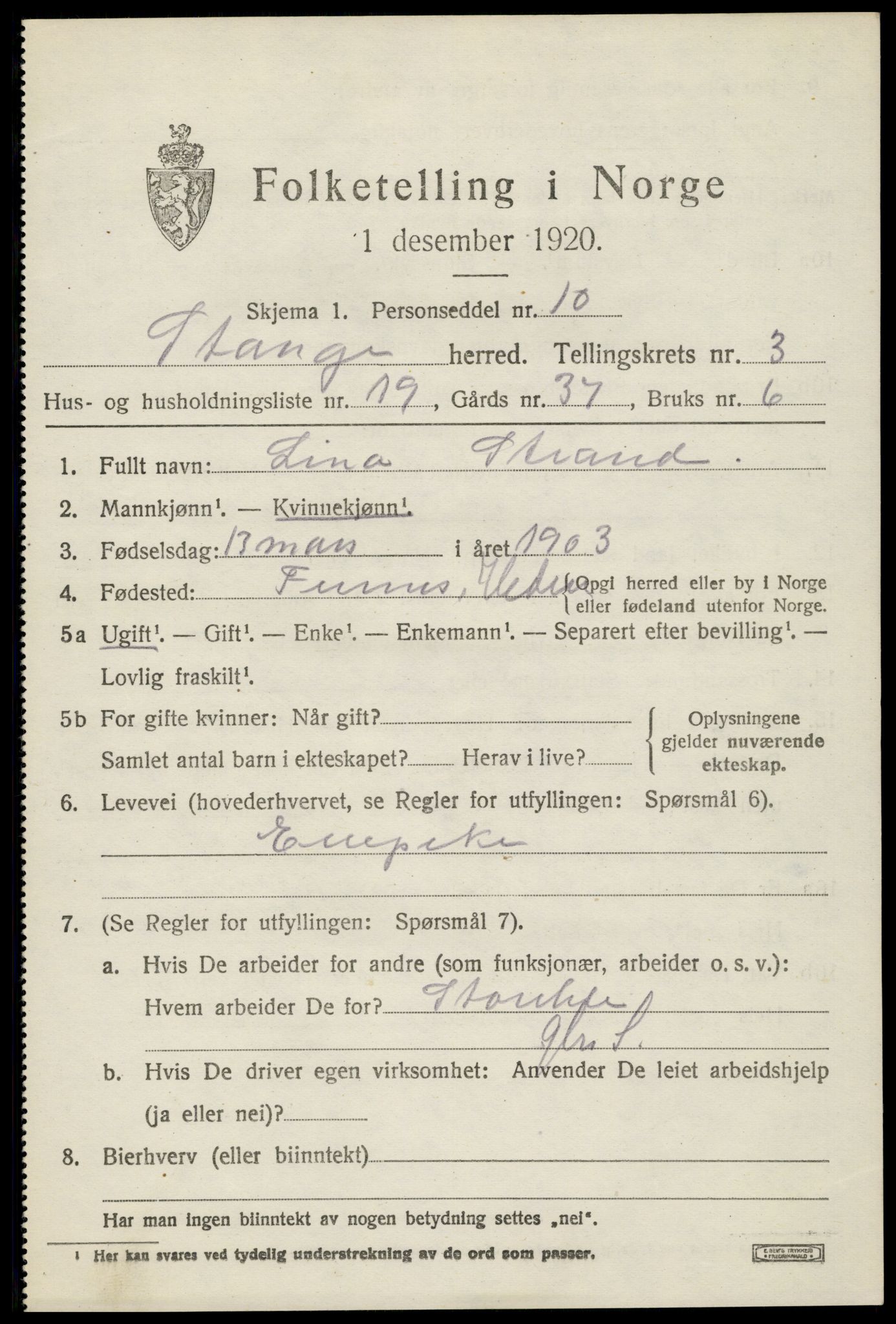 SAH, Folketelling 1920 for 0417 Stange herred, 1920, s. 5399