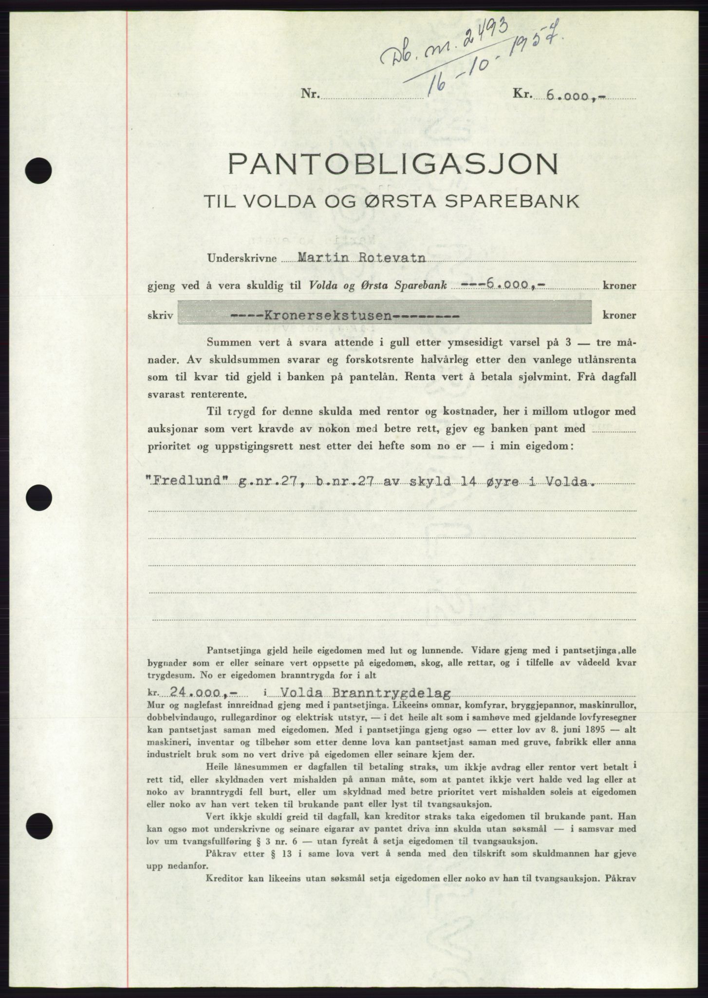 Søre Sunnmøre sorenskriveri, AV/SAT-A-4122/1/2/2C/L0130: Pantebok nr. 18B, 1957-1958, Dagboknr: 2493/1957