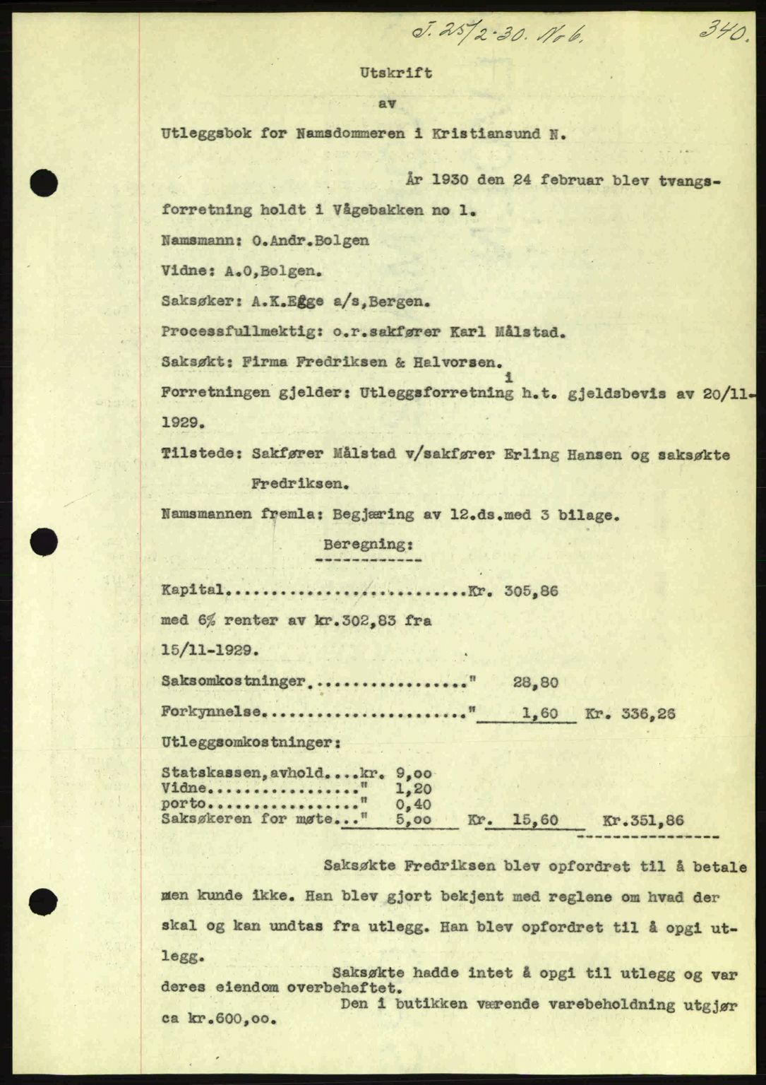 Kristiansund byfogd, AV/SAT-A-4587/A/27: Pantebok nr. 23, 1929-1930, Tingl.dato: 25.02.1930
