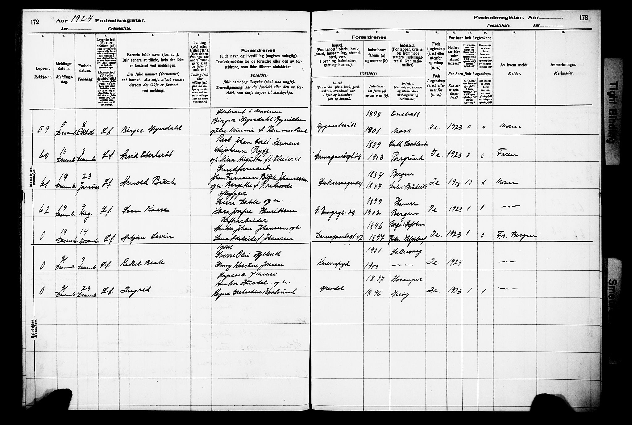 Laksevåg Sokneprestembete, AV/SAB-A-76501/I/Id/L00A1: Fødselsregister nr. A 1, 1916-1926, s. 172