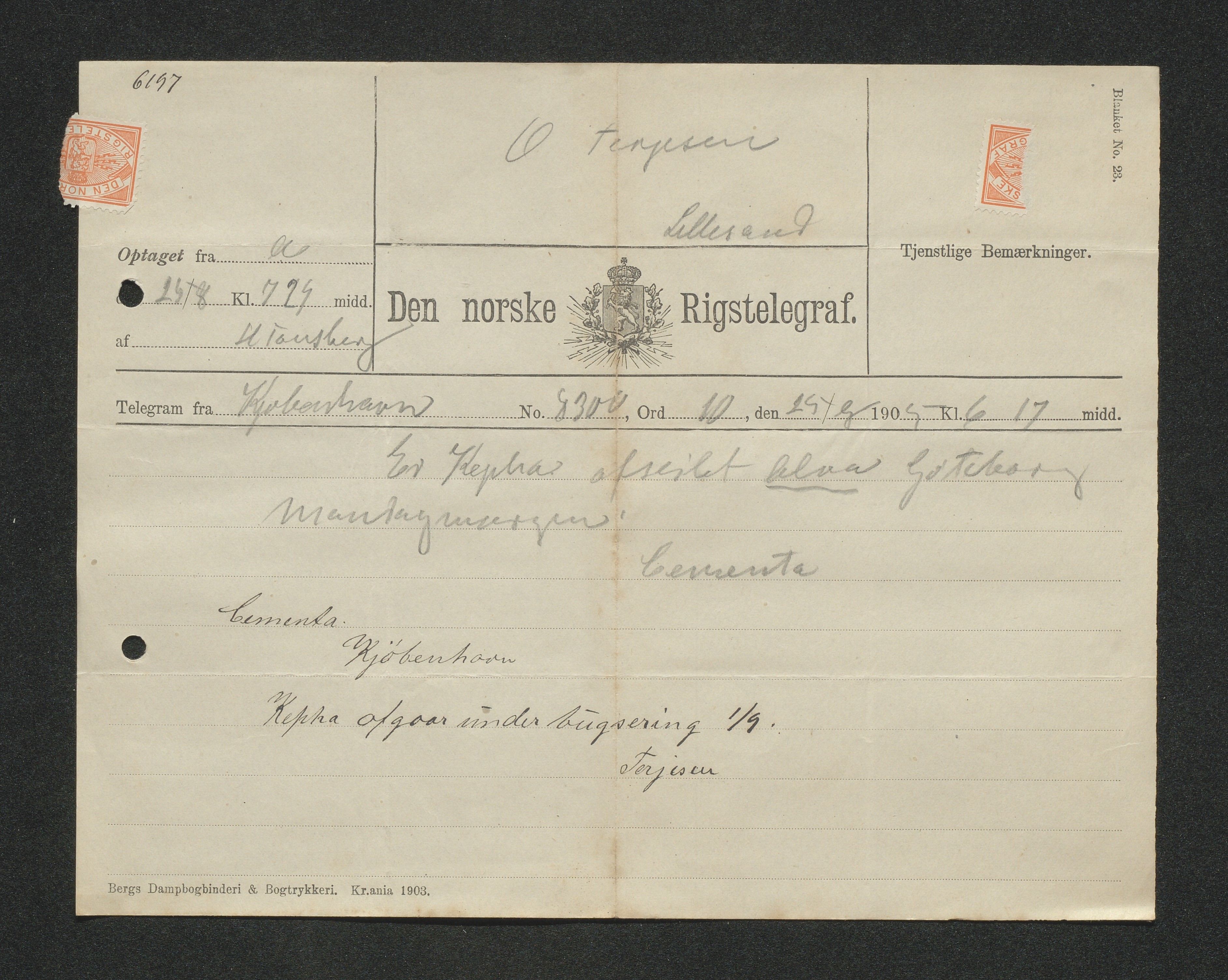 O. Terjesens rederi, AAKS/PA-2525/E/E01/L0013: Korrespondanse, 1904-1905