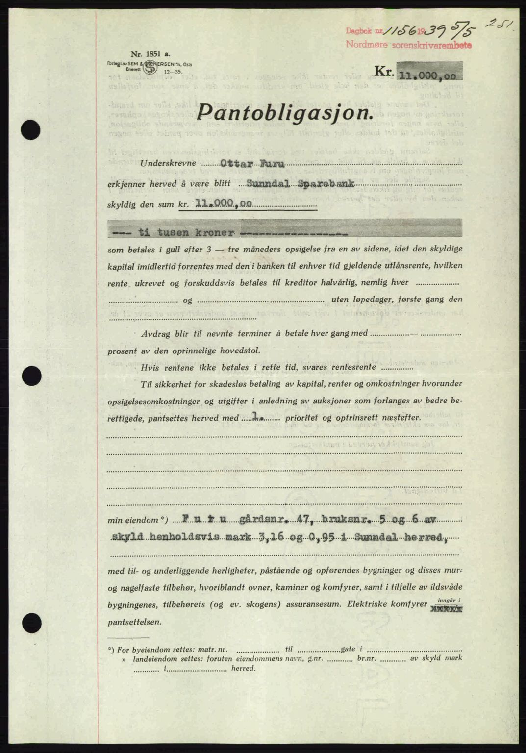 Nordmøre sorenskriveri, SAT/A-4132/1/2/2Ca: Pantebok nr. B85, 1939-1939, Dagboknr: 1156/1939