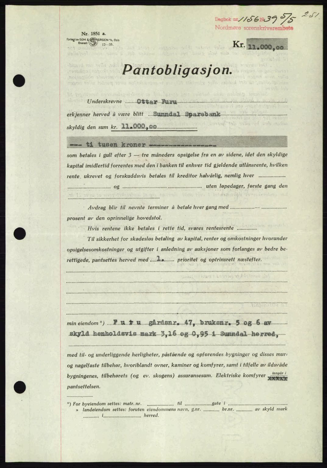 Nordmøre sorenskriveri, AV/SAT-A-4132/1/2/2Ca: Pantebok nr. B85, 1939-1939, Dagboknr: 1156/1939